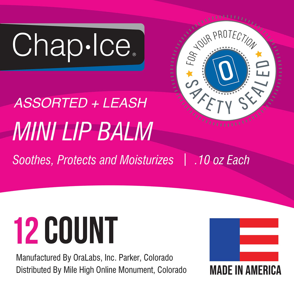 Chap-Ice 12-Count Mini Lip Balm Pack + Keychain | Cherry, Citrus Orange, Kiwi Lime, Beeswax | Made in USA