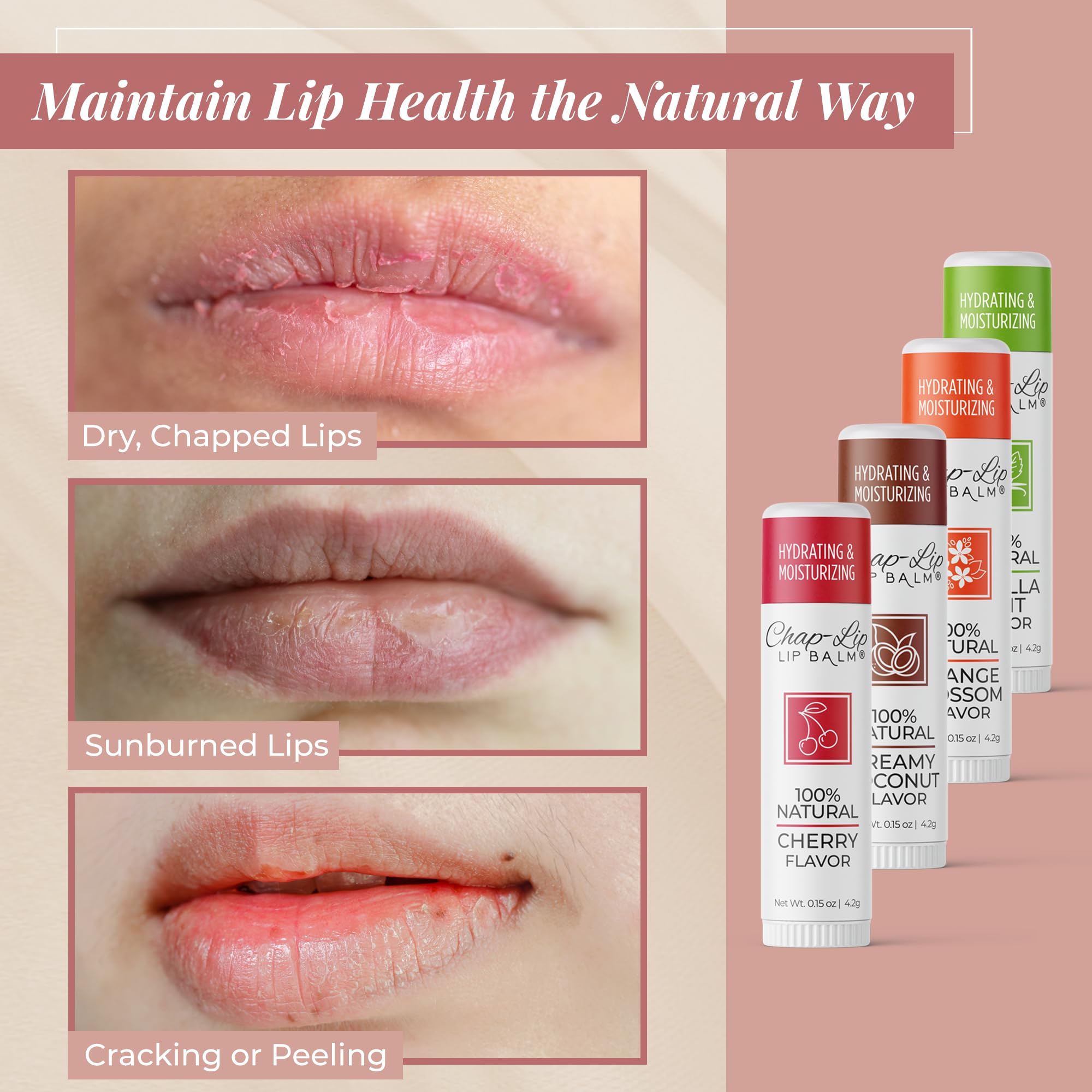 Chap-Lip Lip Balm 100% Natural Set – 4 Flavors, Hydrating Beeswax Lip Balm (Petroleum Free) Pack of 24