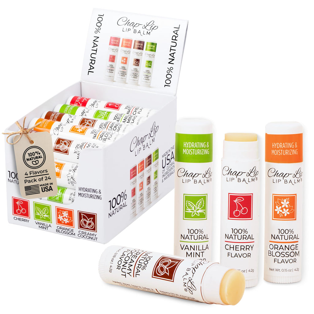Chap-Lip Lip Balm 100% Natural Set – 4 Flavors, Hydrating Beeswax Lip Balm (Petroleum Free) Pack of 24