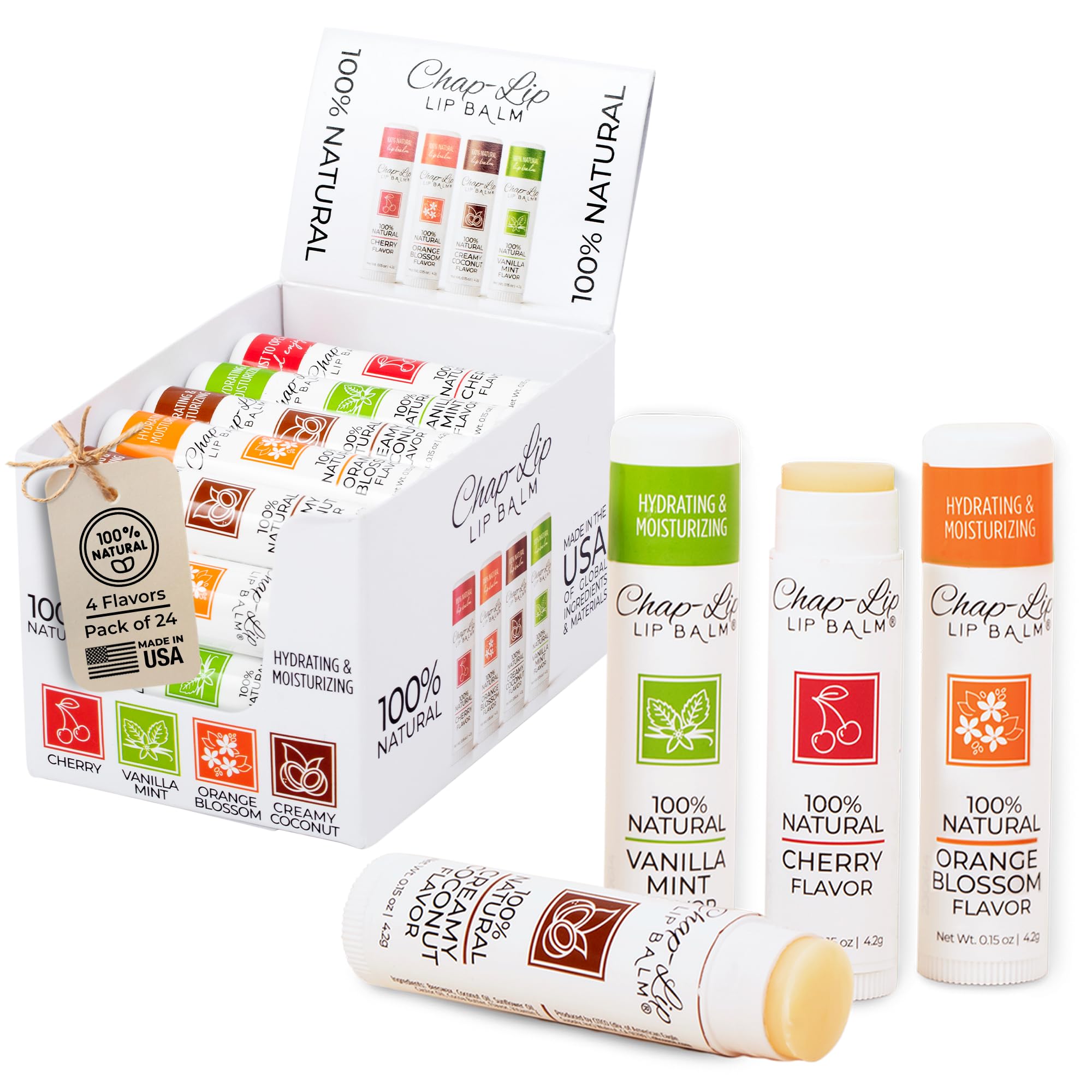 Chap-Lip Lip Balm 100% Natural Set – 4 Flavors, Hydrating Beeswax Lip Balm (Petroleum Free) Pack of 24