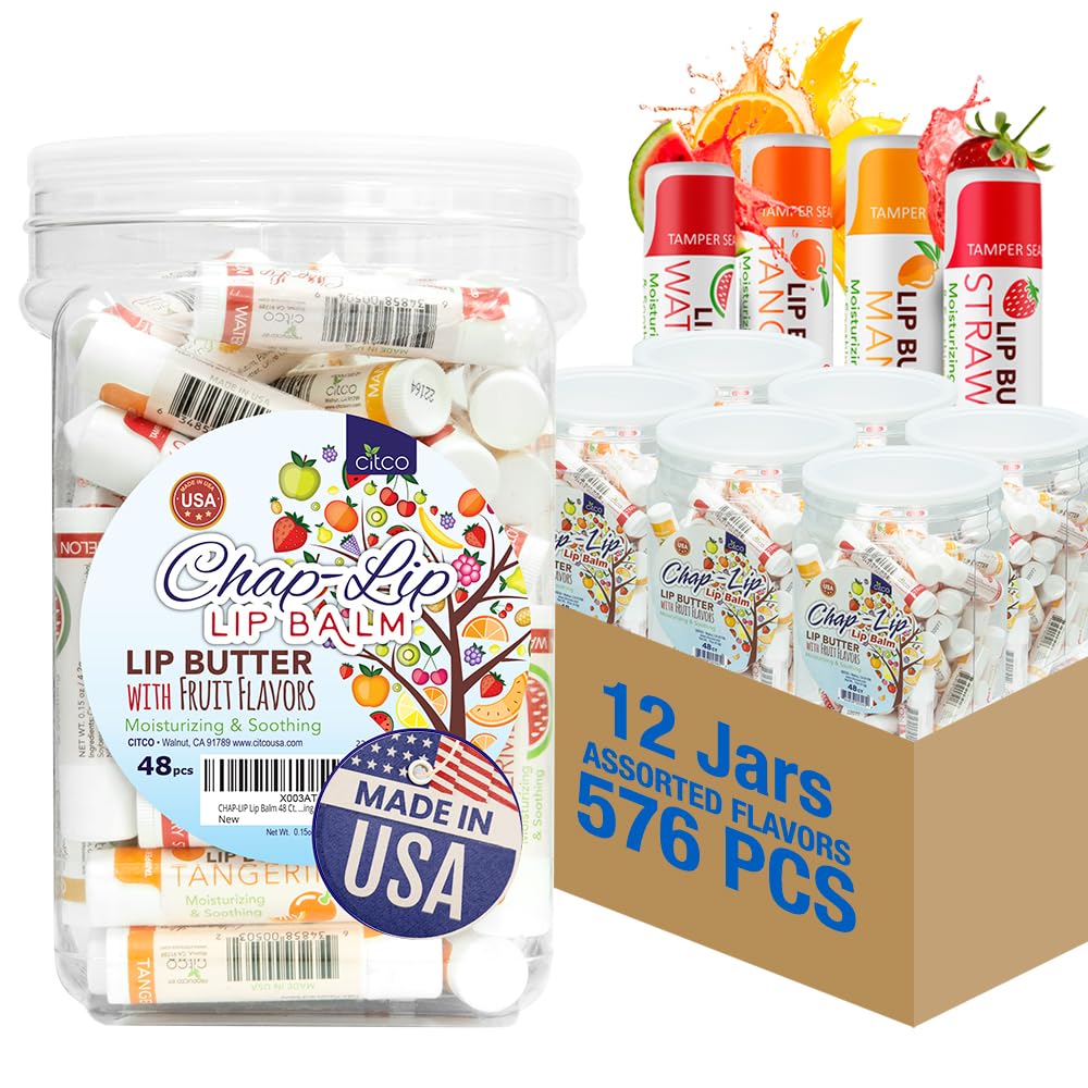 CHAP-LIP Original Lip Balm Bulk Pack — 48 Pack x 12 Boxes, Fruit Flavors, Coconut Oil & Cocoa Butter – Made in USA