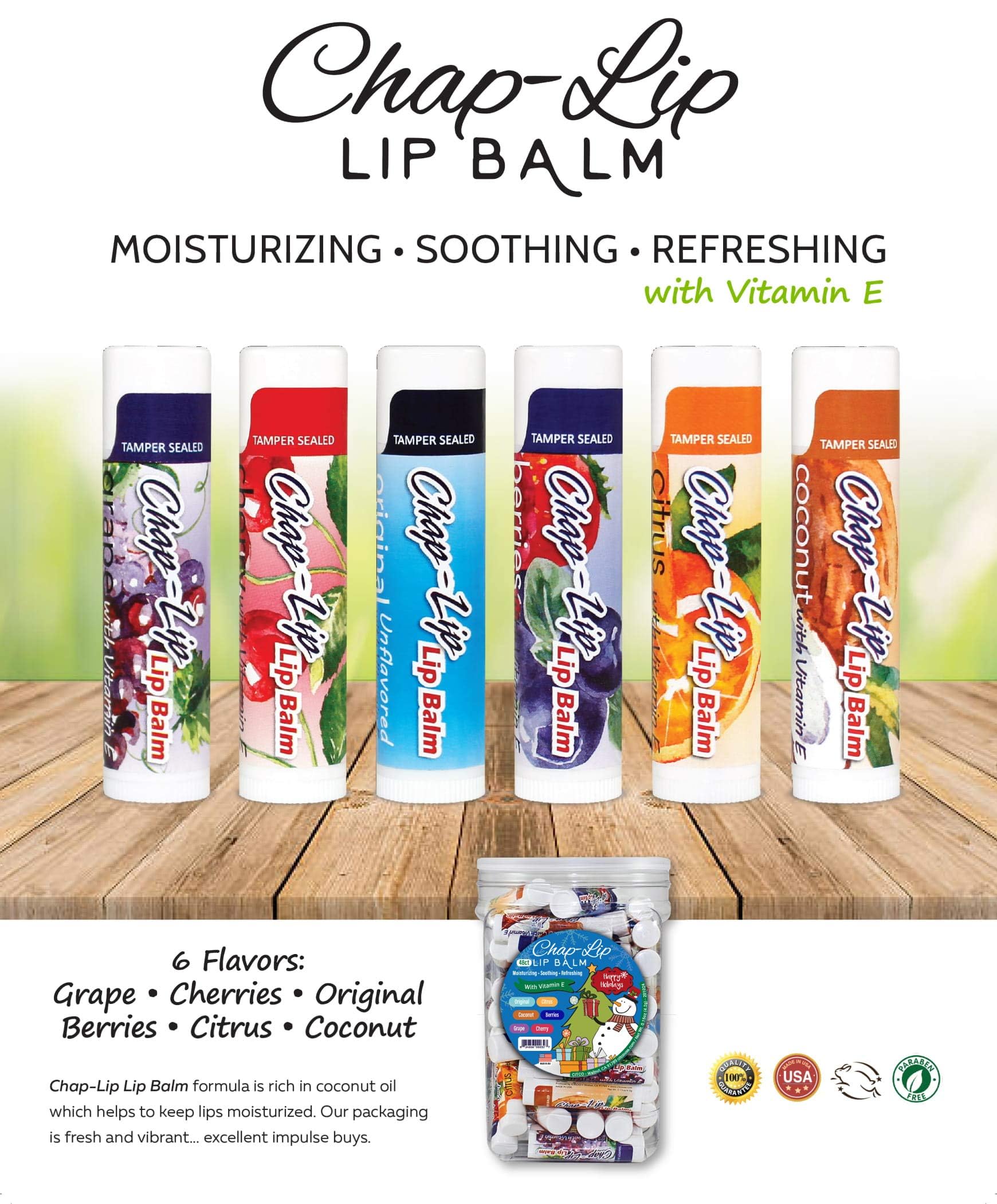 Chap-Lip Vitamin E Lip Balm – Coconut Oil Hydration, 6 Flavors, 48-Count Holiday Jar