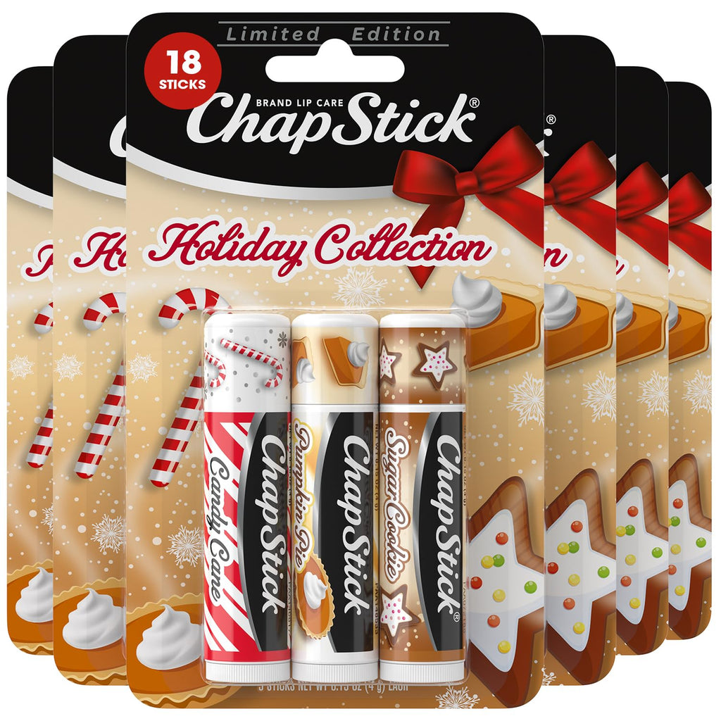 ChapStick Bulk Lip Balm – Holiday Variety 3-Packs (18 Sticks) Candy Cane, Sugar Cookie, Pumpkin Pie
