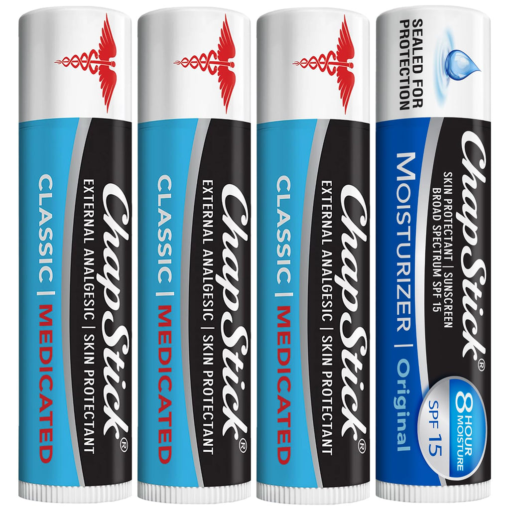 ChapStick Dry Lips & Cold Sore Relief Bundle – Medicated Classic ChapStick 3-Pack + SPF 15 Original Moisturizer Lip Balm (4-Piece Set)