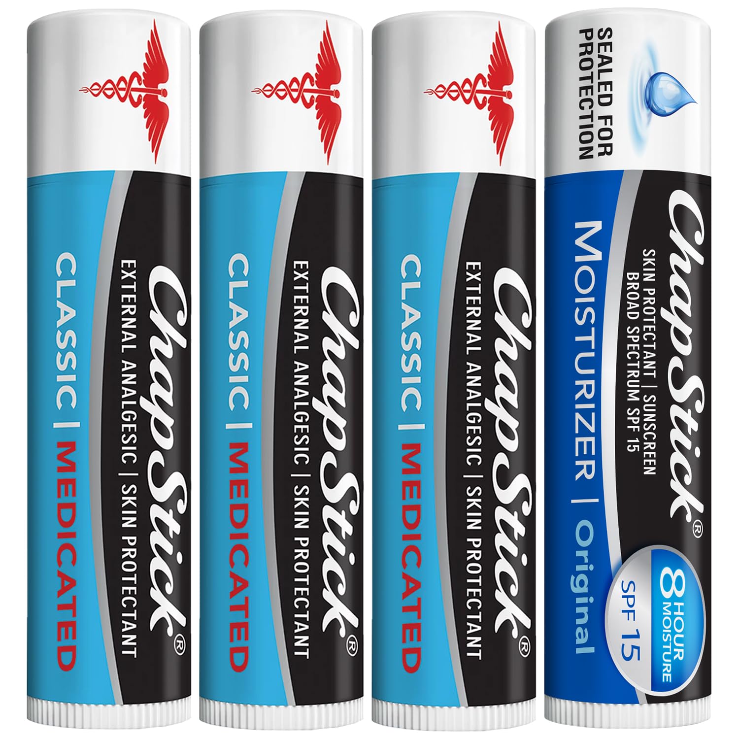 ChapStick Dry Lips & Cold Sore Relief Bundle – Medicated Classic ChapStick 3-Pack + SPF 15 Original Moisturizer Lip Balm (4-Piece Set)