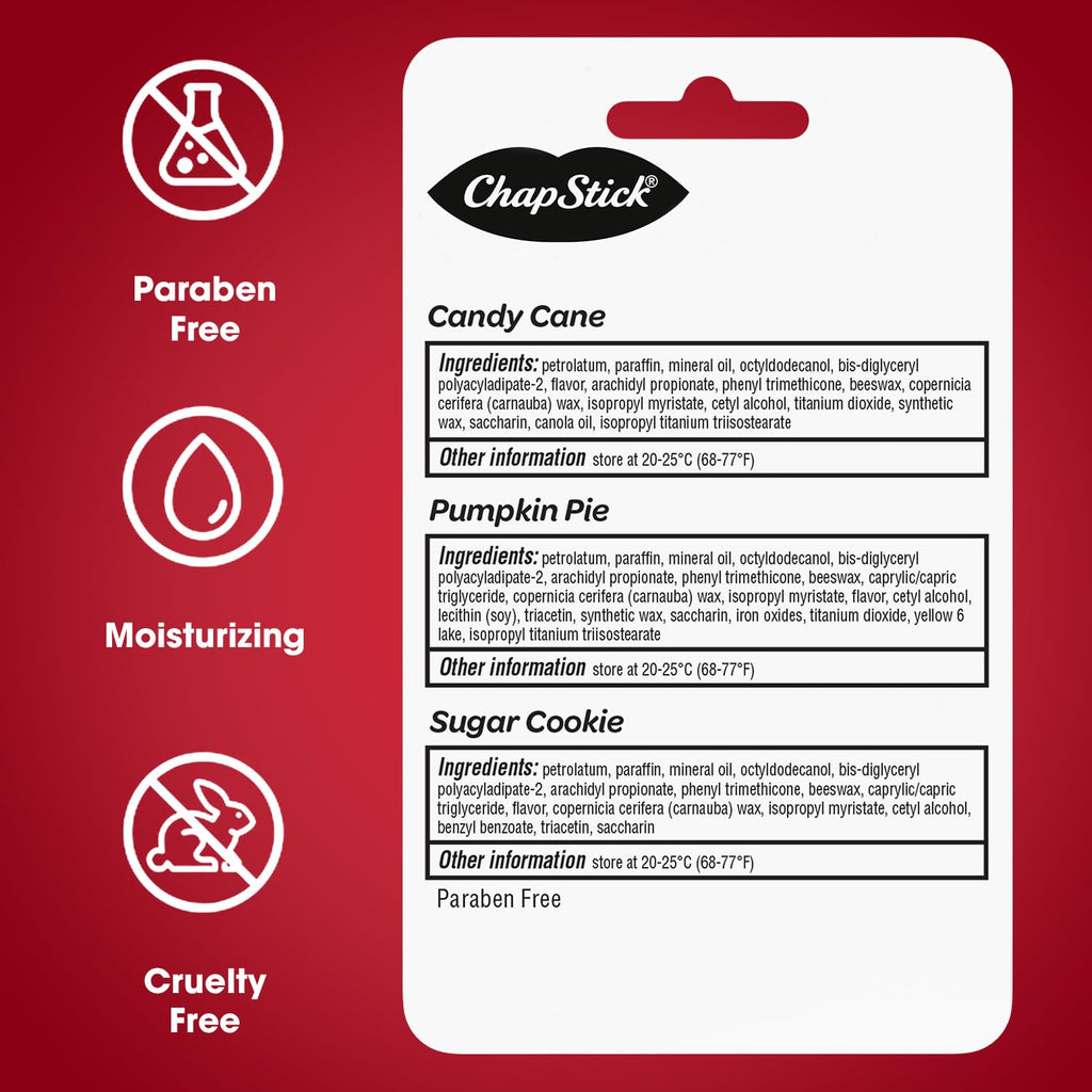 ChapStick Bulk Lip Balm – Holiday Variety 3-Packs (18 Sticks) Candy Cane, Sugar Cookie, Pumpkin Pie
