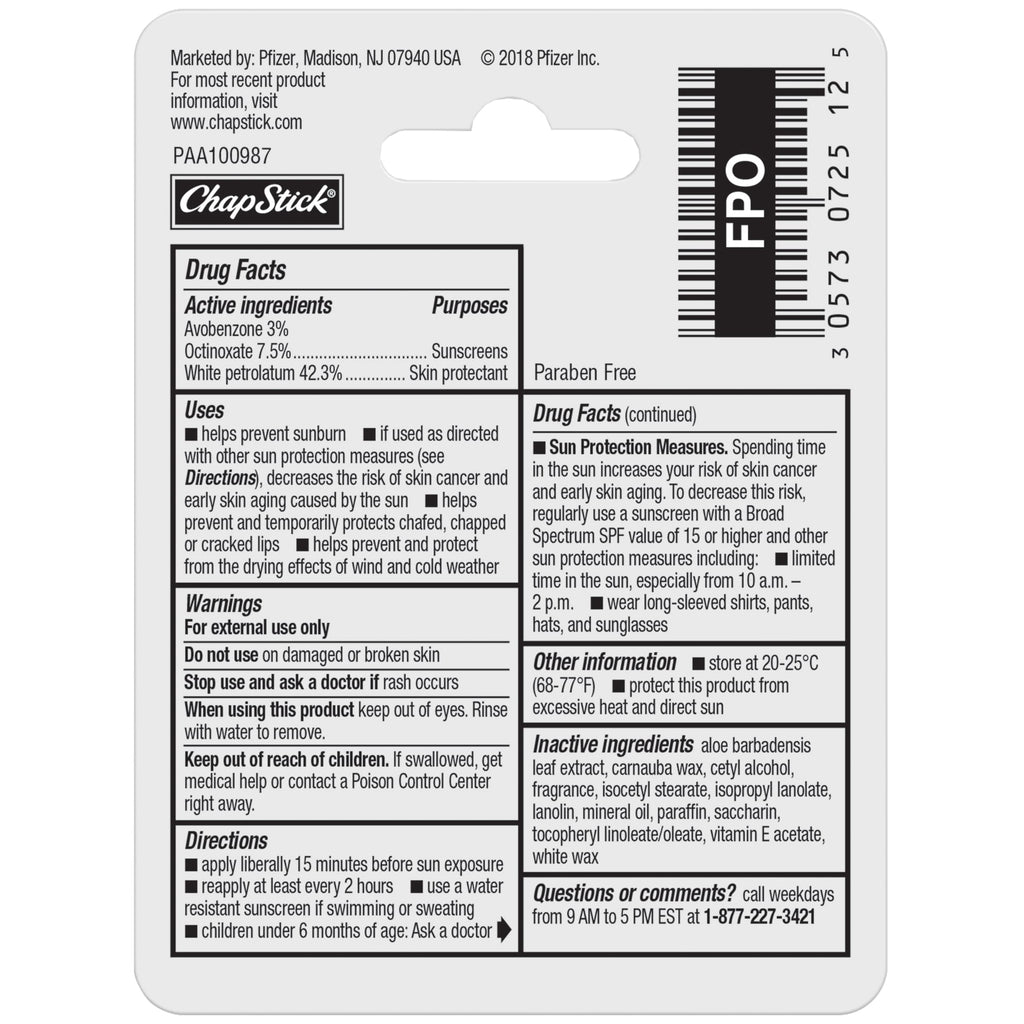 ChapStick Original Moisturizer Lip Balm Tubes | SPF 15 | 0.15 oz (Pack of 12)