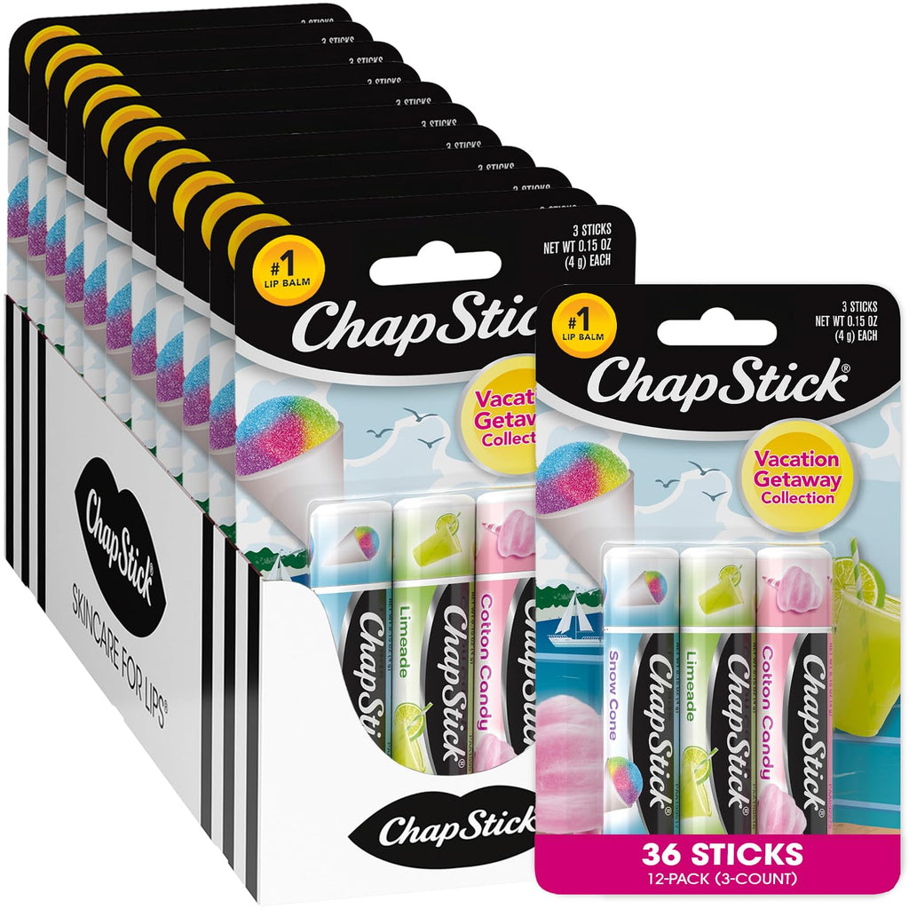 ChapStick Bulk Lip Balm – Vacation Getaway Collection (12 Sets / 36 Tubes, 0.15 oz each) – Fun Lip Care Gifts