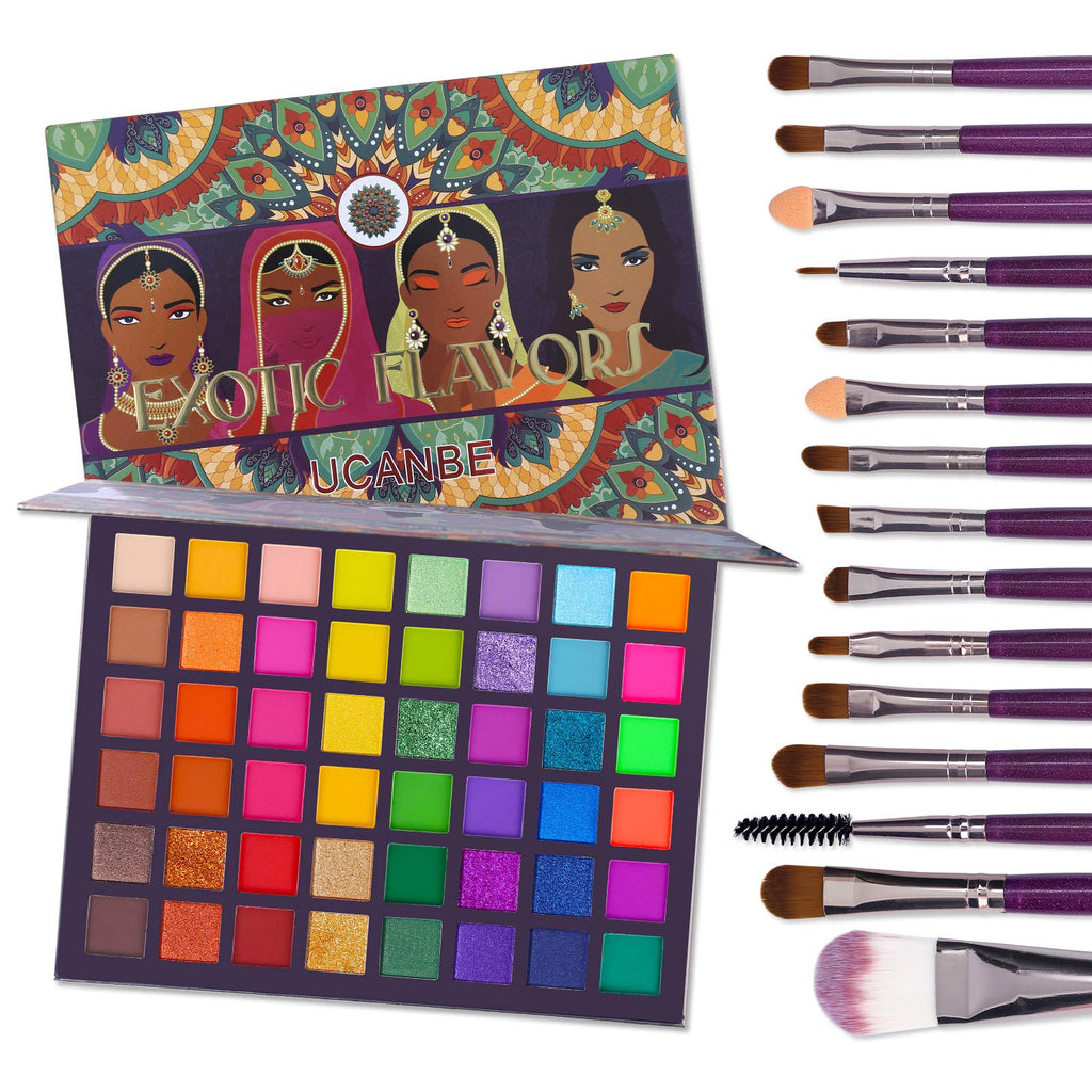 CHARMCODE Exotic Flavors Eyeshadow Palette and 15 Brushes – 48 Colors Neon Shimmer