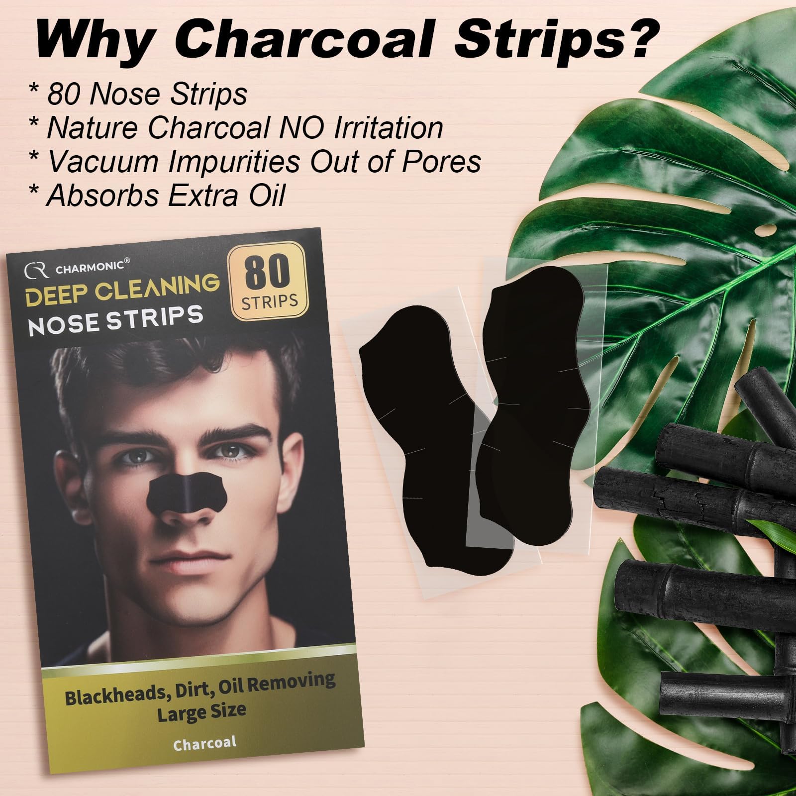 Charmonic 80 Pcs Blackhead Remover Pore Strips – Charcoal Nose Strips for Pore Cleaning (Large Size)