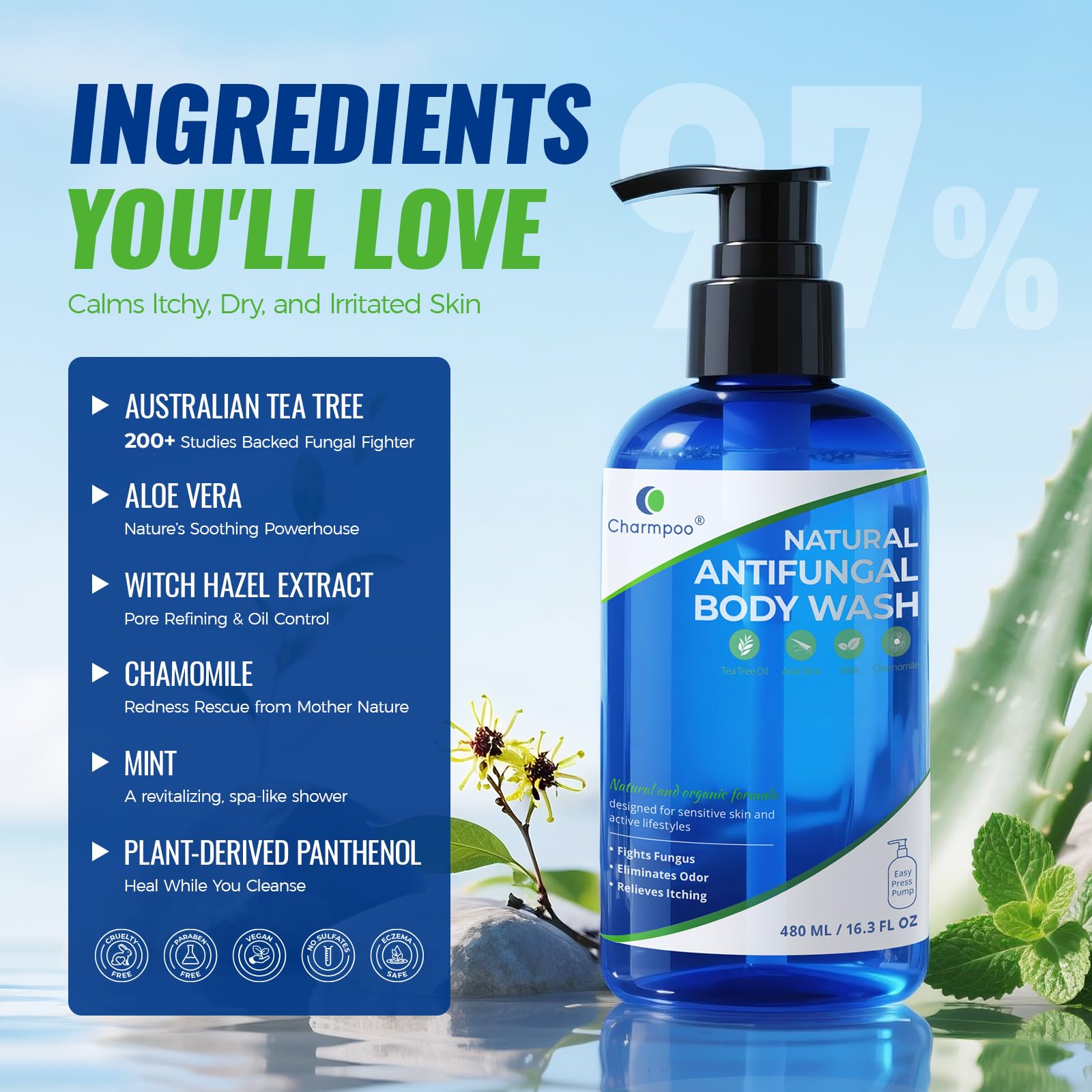 CHARMPOO Natural Antifungal Body Wash – Tea Tree & Aloe Vera, 16.3 oz