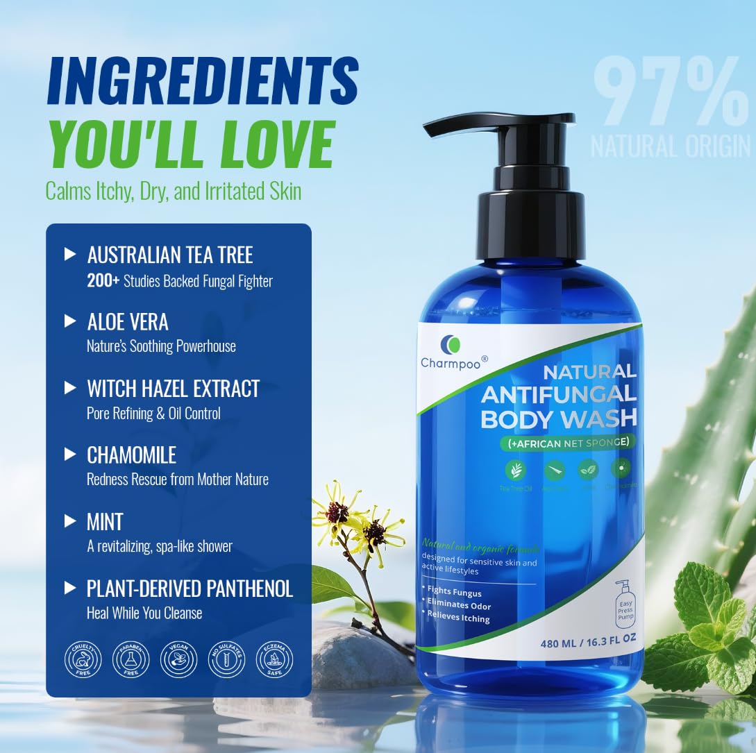 CHARMPOO Natural Antifungal Body Wash with Tea Tree Oil — 16.3 fl oz