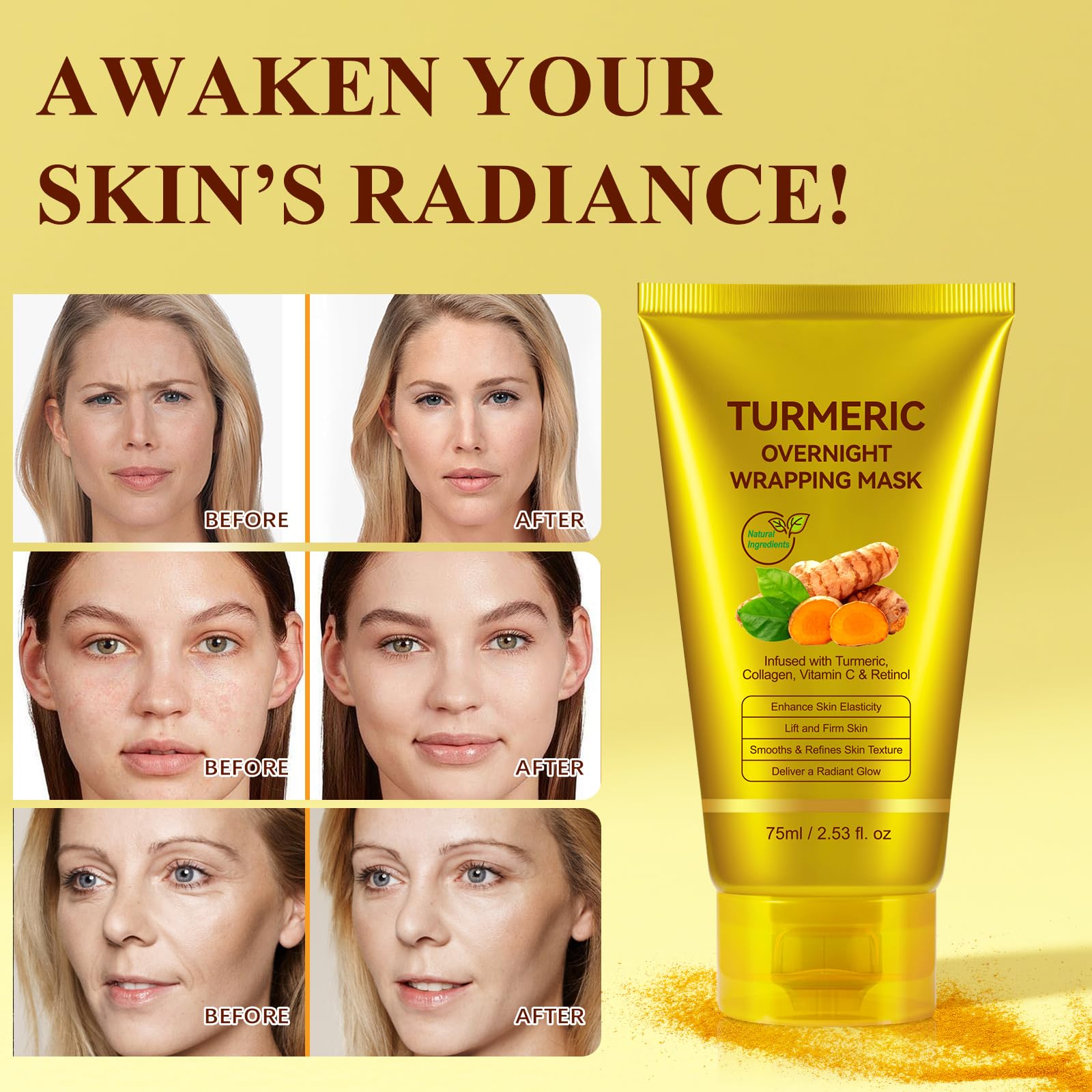 chenyayun Turmeric Vitamin C Collagen Overnight Peel Off Mask with Retinol – Radiant, Dewy Skin
