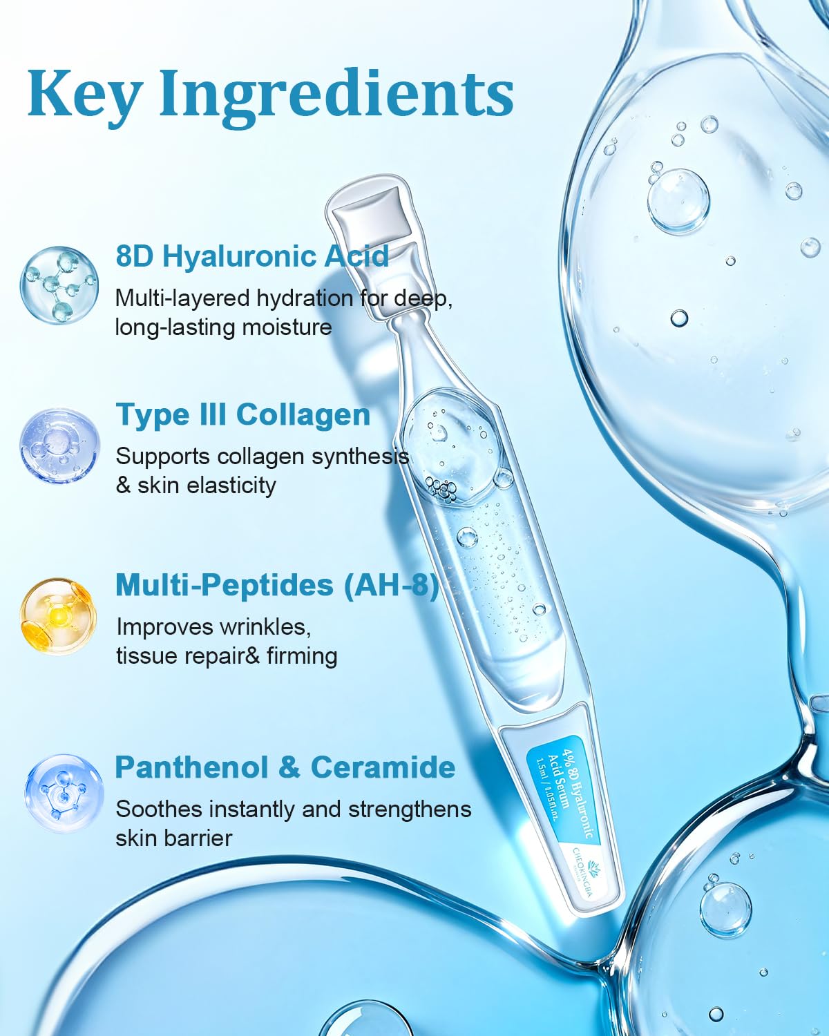 CHEOKINGBA 4% Hyaluronic Acid Serum – 8D Hydration, 20,000ppm Acetyl Hexapeptide-8, Korean Single-Use Ampoules, 30pcs