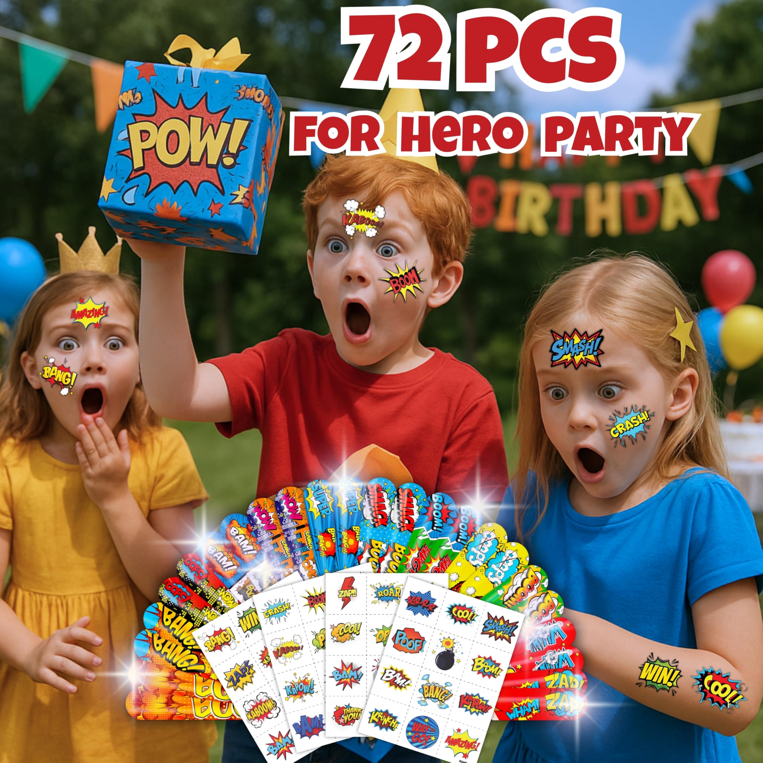 Cherisnowy 72PCS Hero Party Set – 48 Tattoos & 24 Slap Bracelets