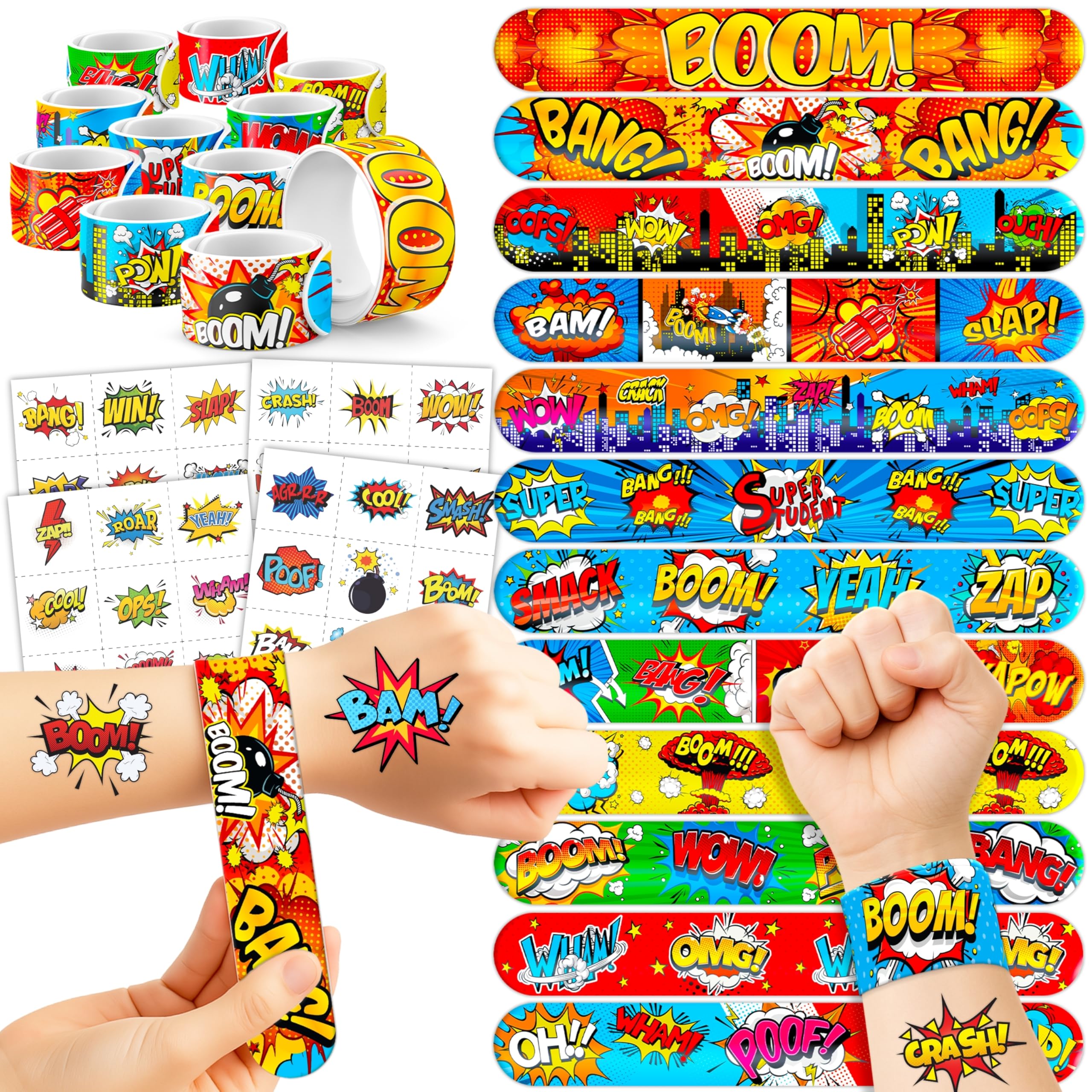 Cherisnowy 72PCS Hero Party Set – 48 Tattoos & 24 Slap Bracelets