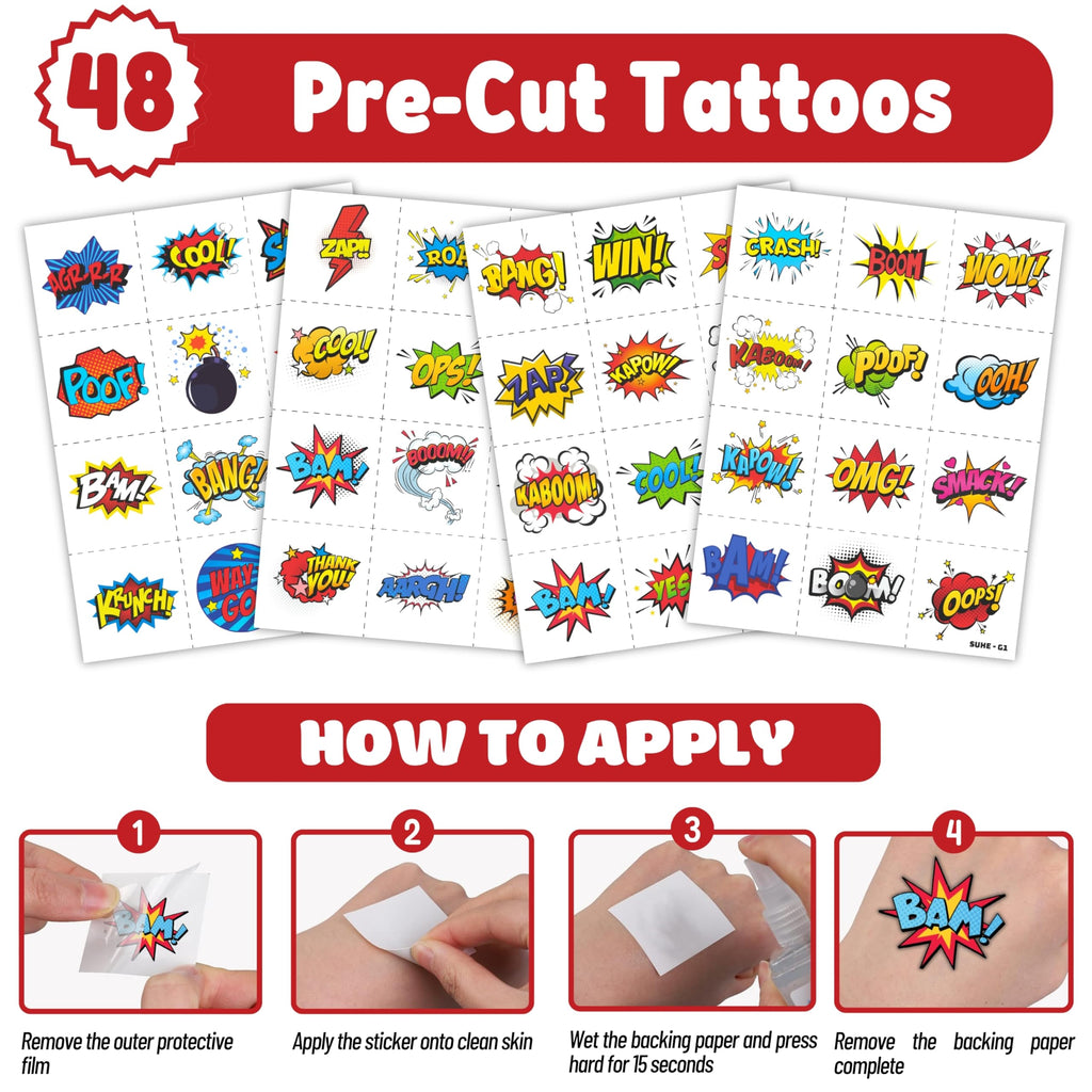 Cherisnowy 72PCS Hero Party Set – 48 Tattoos & 24 Slap Bracelets