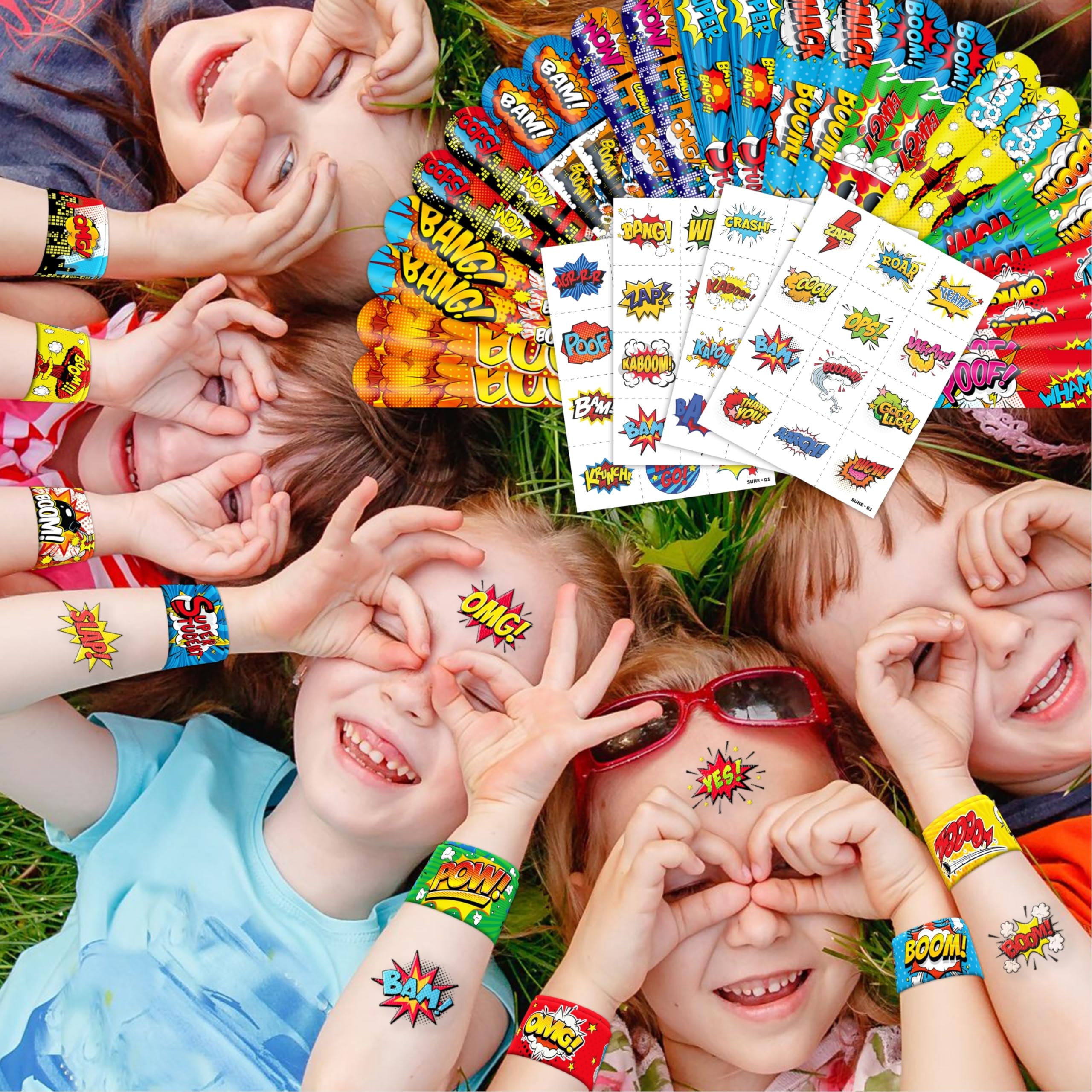 Cherisnowy 72PCS Hero Party Set – 48 Tattoos & 24 Slap Bracelets