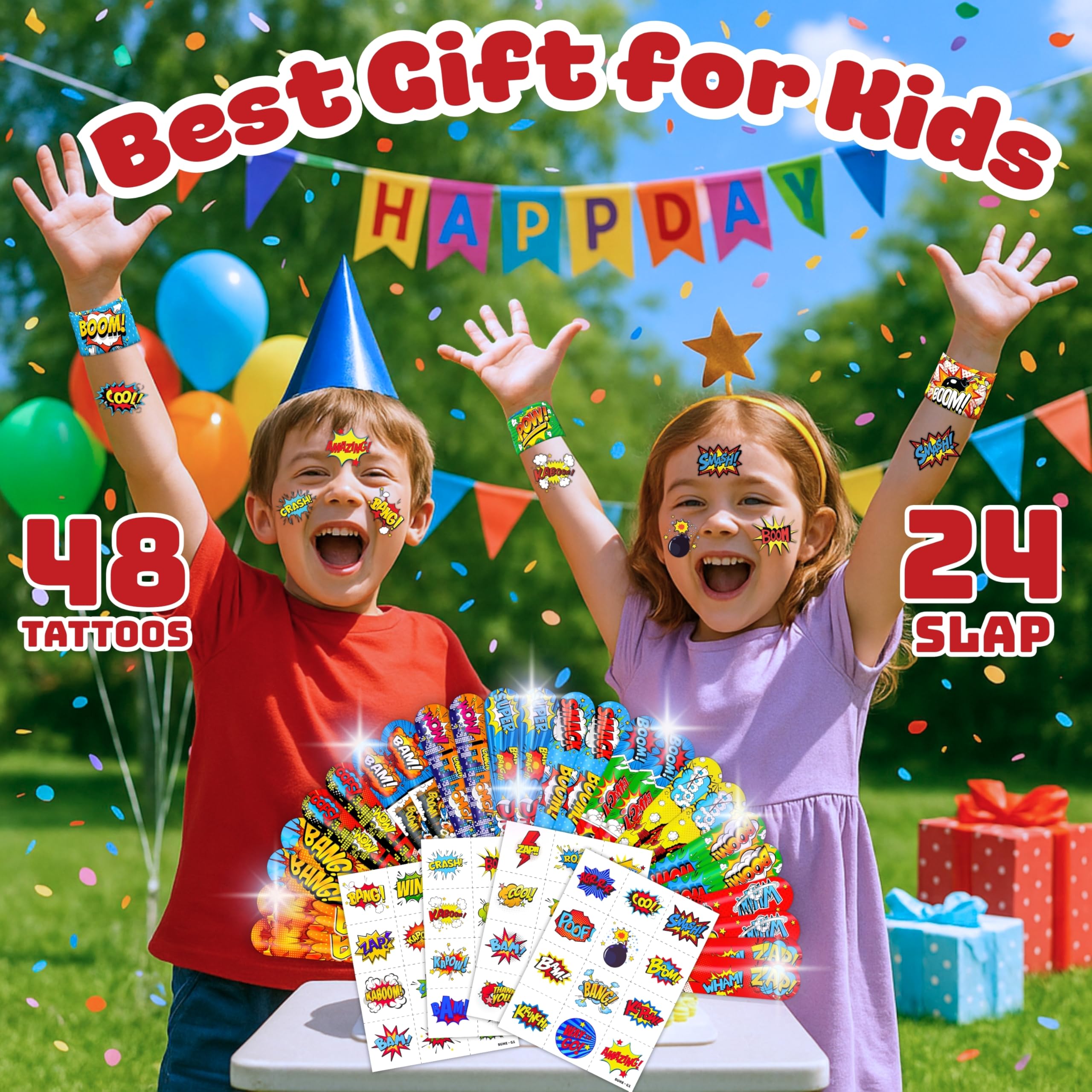 Cherisnowy 72PCS Hero Party Set – 48 Tattoos & 24 Slap Bracelets