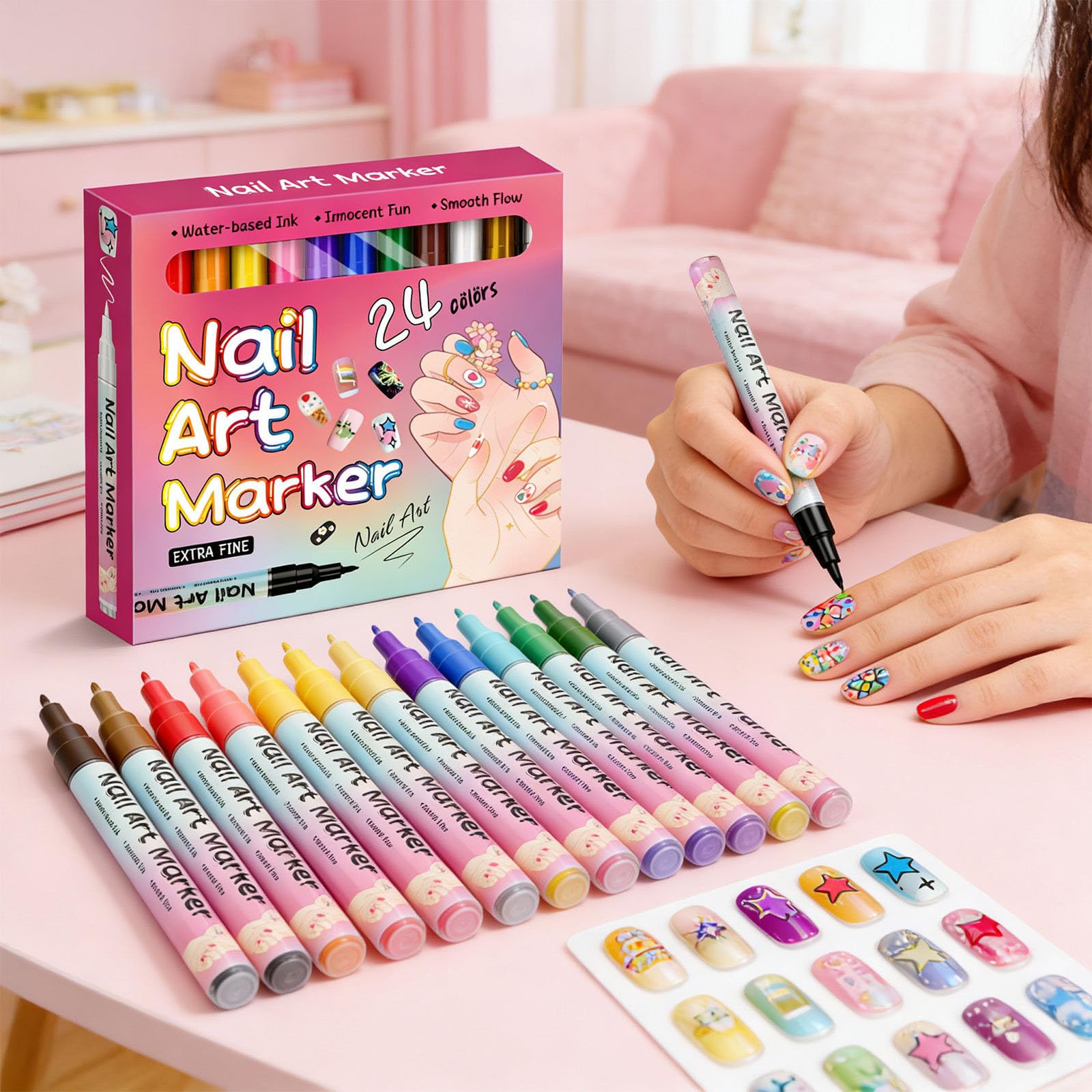 CHIAFEYI Nail Art Pens – 24 Colors, Fine Tip, Waterproof, Quick-Dry