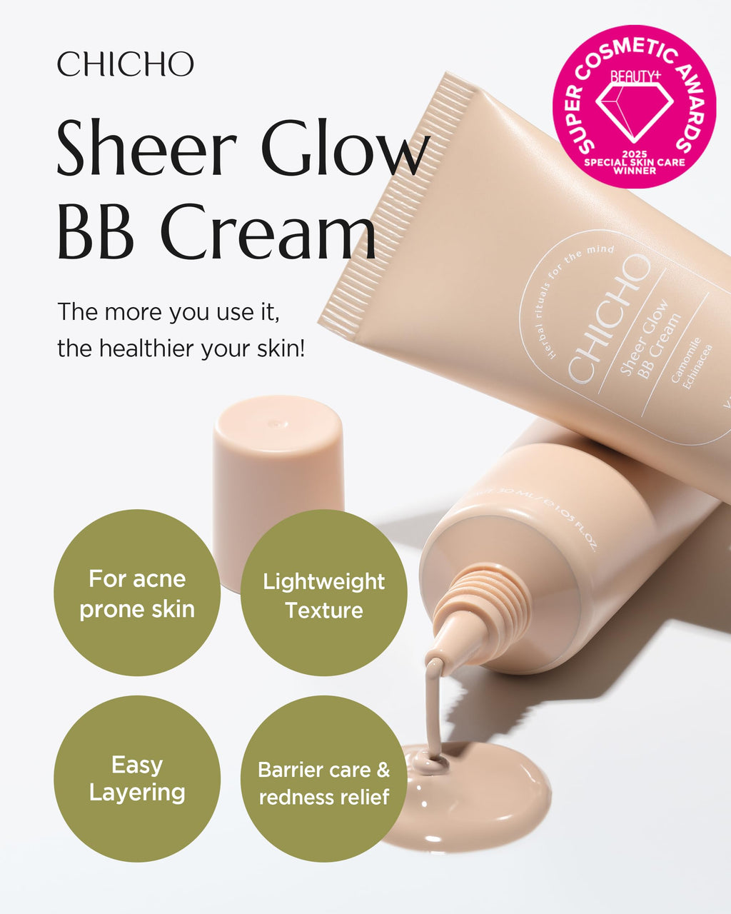 CHICHO Sheer Glow BB Cream — 93% Herbal Base with Chamomile Water | Vegan, Non-Comedogenic