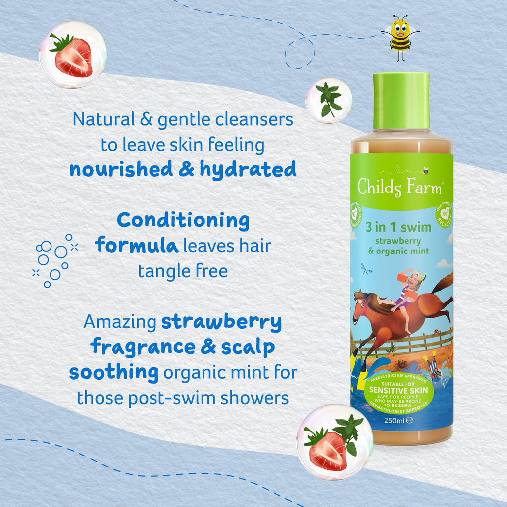 Childs Farm Kids 3-in-1 Swim: Strawberry + Organic Mint - Body Wash, Shampoo & Conditioner (8.4 oz)