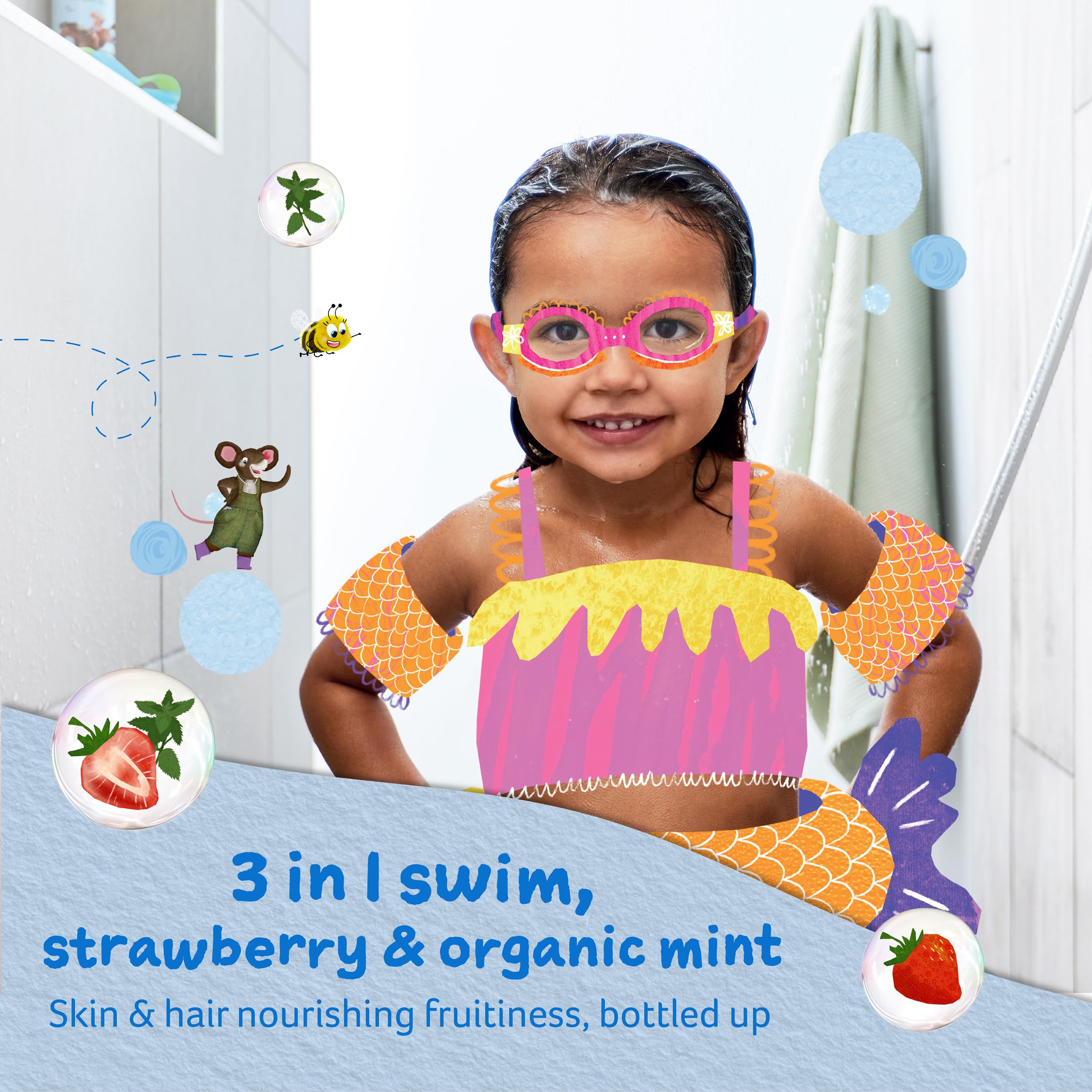 Childs Farm Kids 3-in-1 Swim: Strawberry + Organic Mint - Body Wash, Shampoo & Conditioner (8.4 oz)