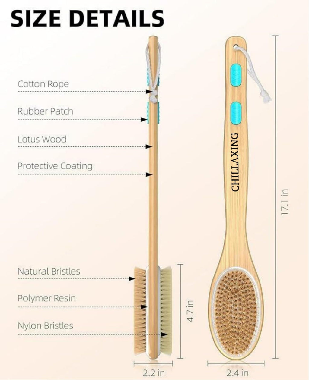 Chillaxing Long Handle Shower Brush – 17-Inch Back Scrubber with Dual-Sided Bristles, Vegan & Cruelty-Free