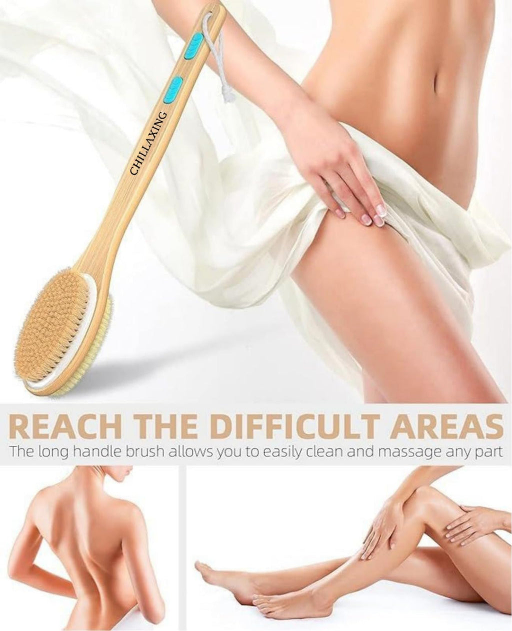 Chillaxing Long Handle Shower Brush – 17-Inch Back Scrubber with Dual-Sided Bristles, Vegan & Cruelty-Free