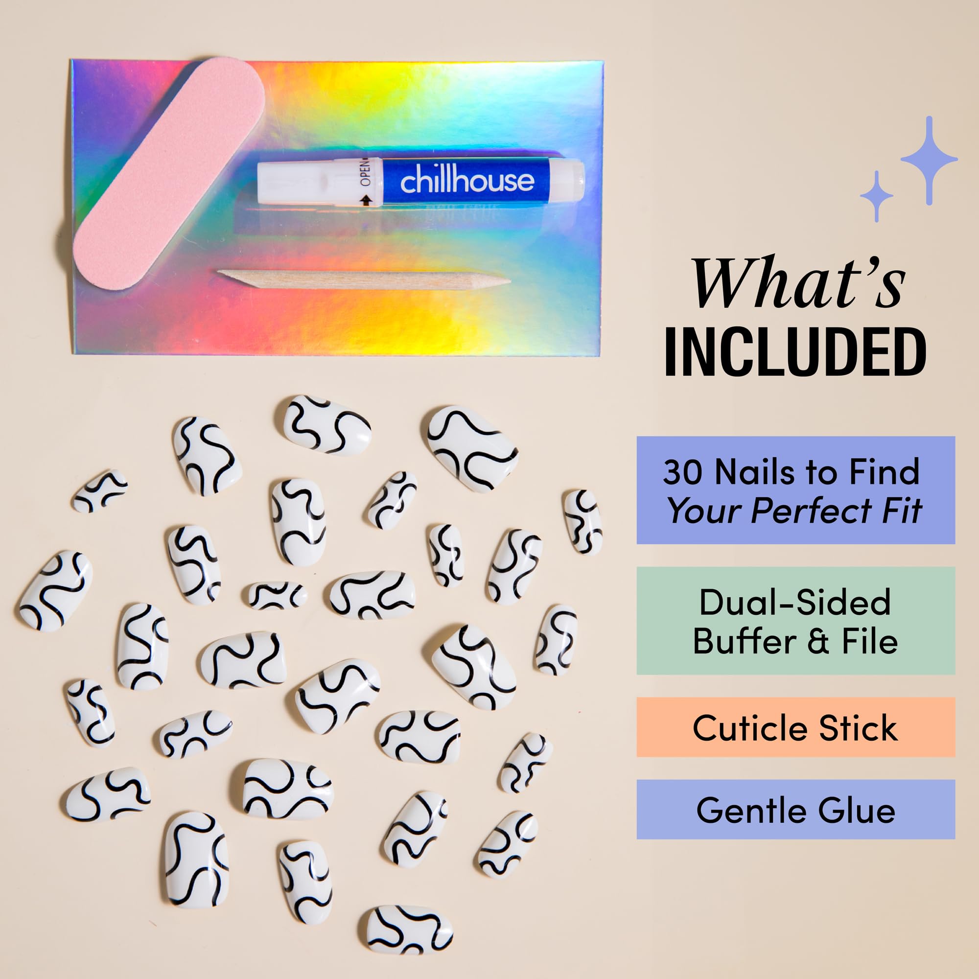 Chillhouse Chill Tips Press-On Nails Kit | Wavy Baby Oval – 30 Shapes & Sizes, Reusable, Customizable Fit