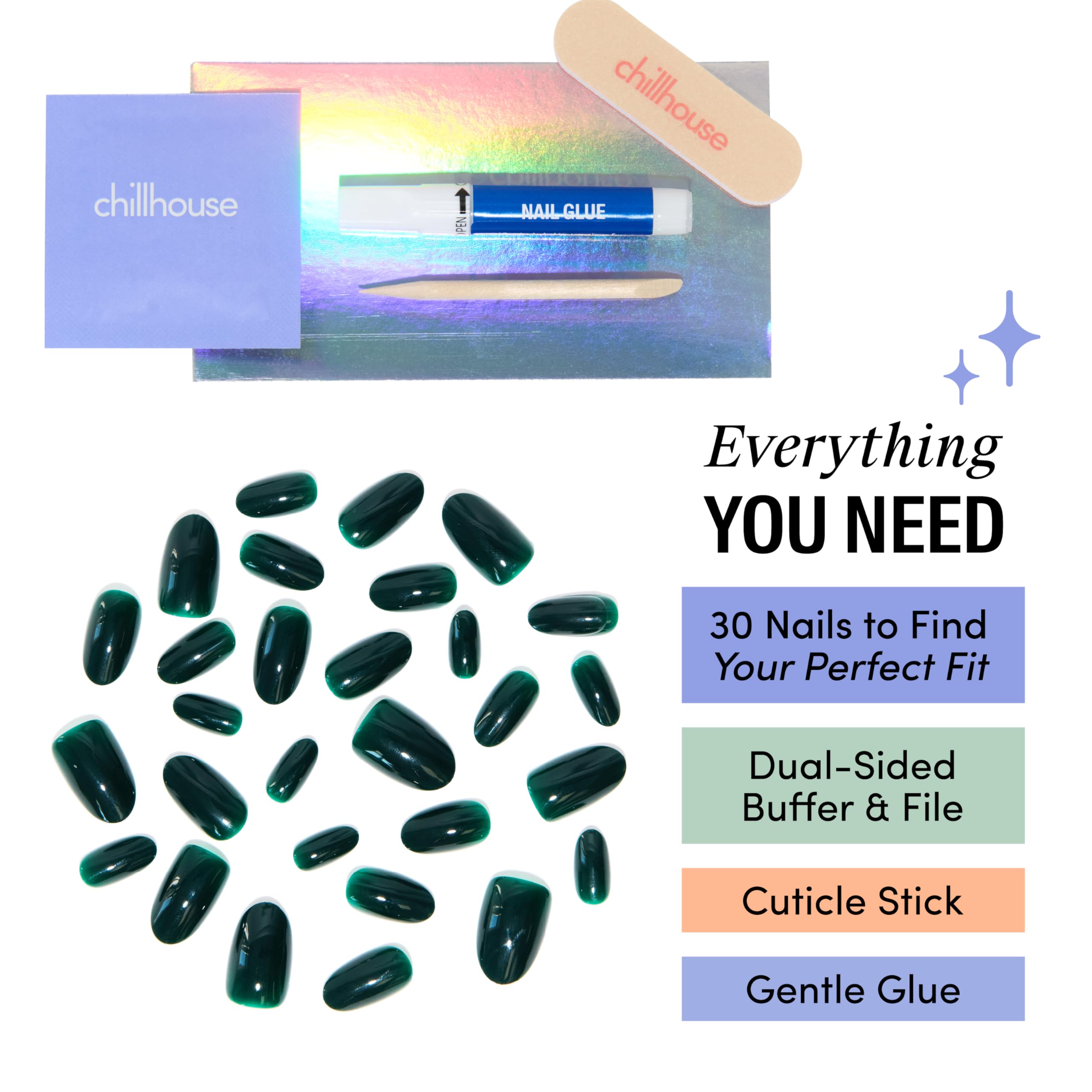 Chillhouse Chill Tips Signatures Press On Nails Kit – Through The Trees (30 Shapes & Sizes, Buffer, File, Glue)