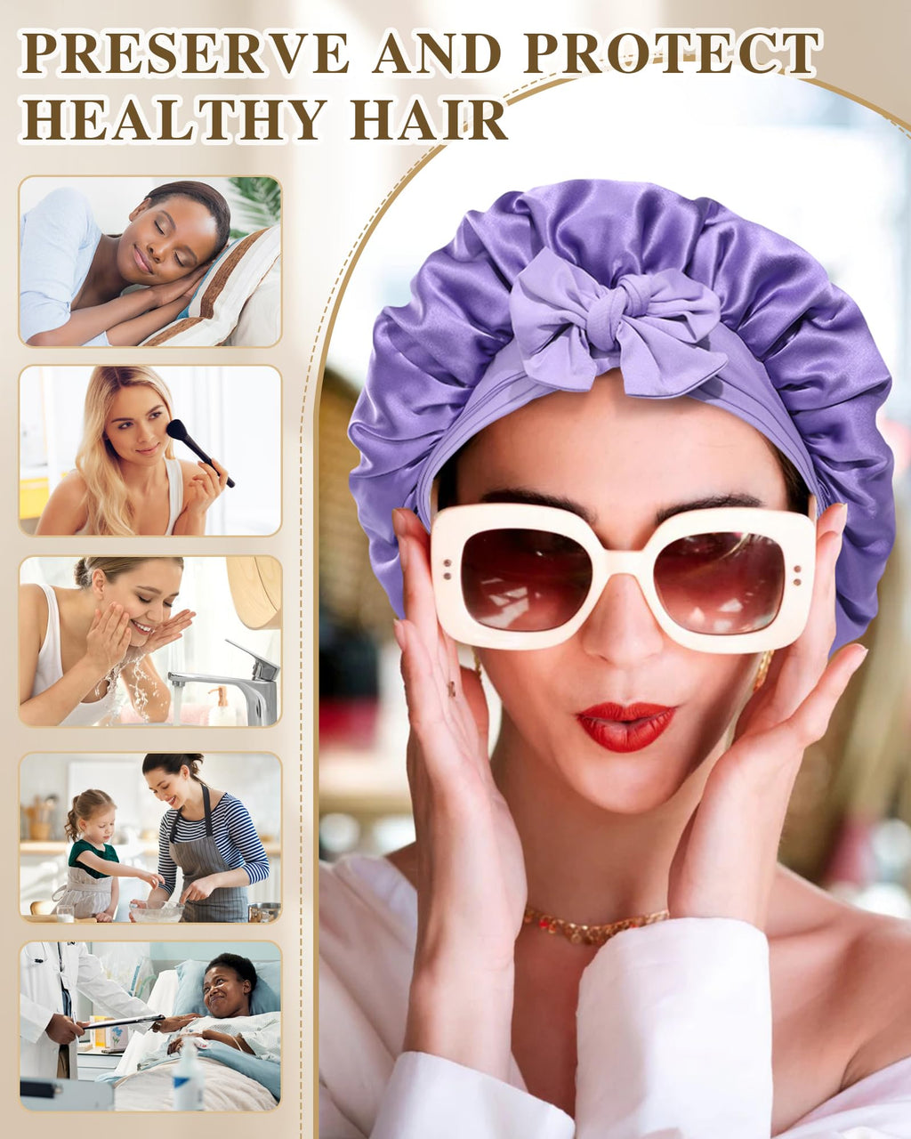 CHLINS Silk Bonnet for Sleeping – 100% Mulberry Silk, Double Layer Sleep Cap, Adjustable Band, Wisteria & Violet