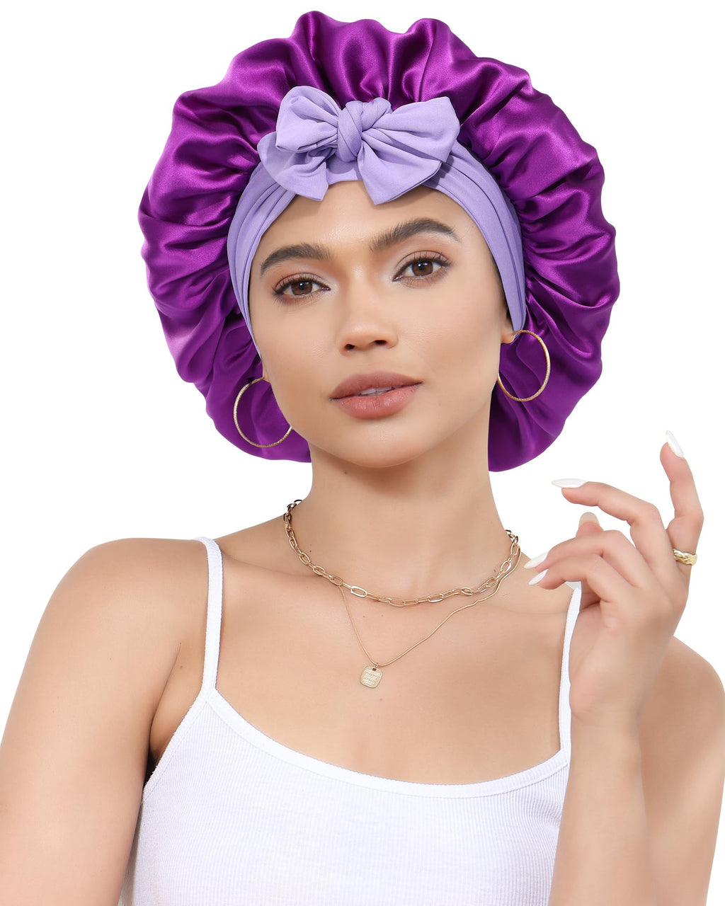 CHLINS Silk Bonnet for Sleeping – 100% Mulberry Silk, Double Layer Sleep Cap, Adjustable Band, Wisteria & Violet