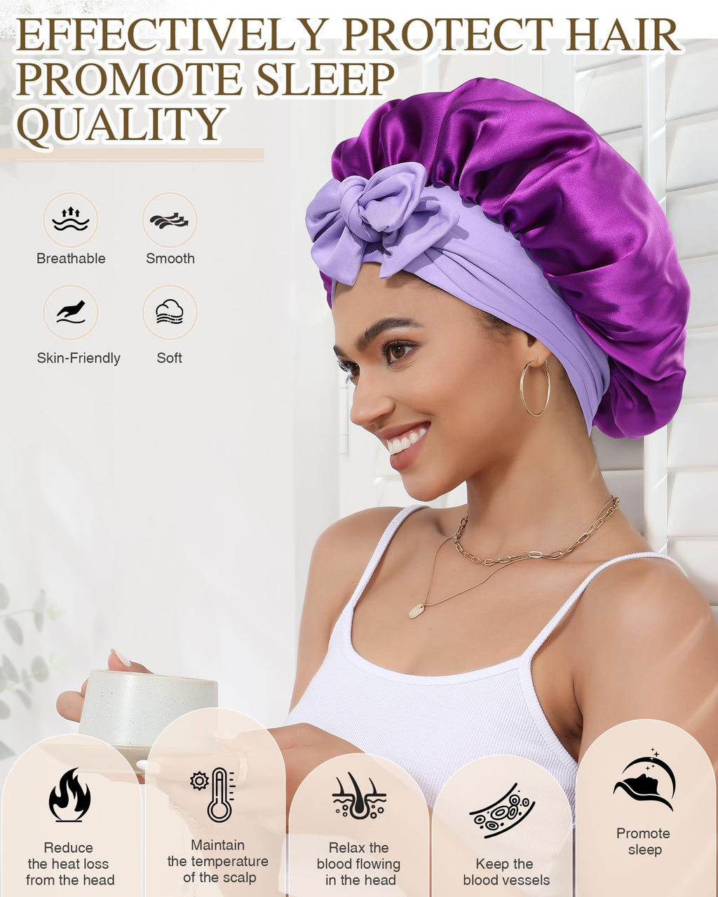 CHLINS Silk Bonnet for Sleeping – 100% Mulberry Silk, Double Layer Sleep Cap, Adjustable Band, Wisteria & Violet