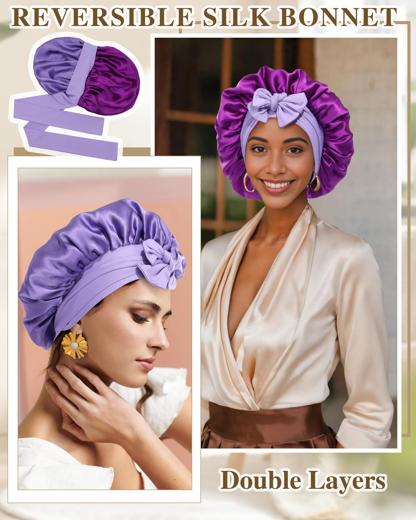 CHLINS Silk Bonnet for Sleeping – 100% Mulberry Silk, Double Layer Sleep Cap, Adjustable Band, Wisteria & Violet