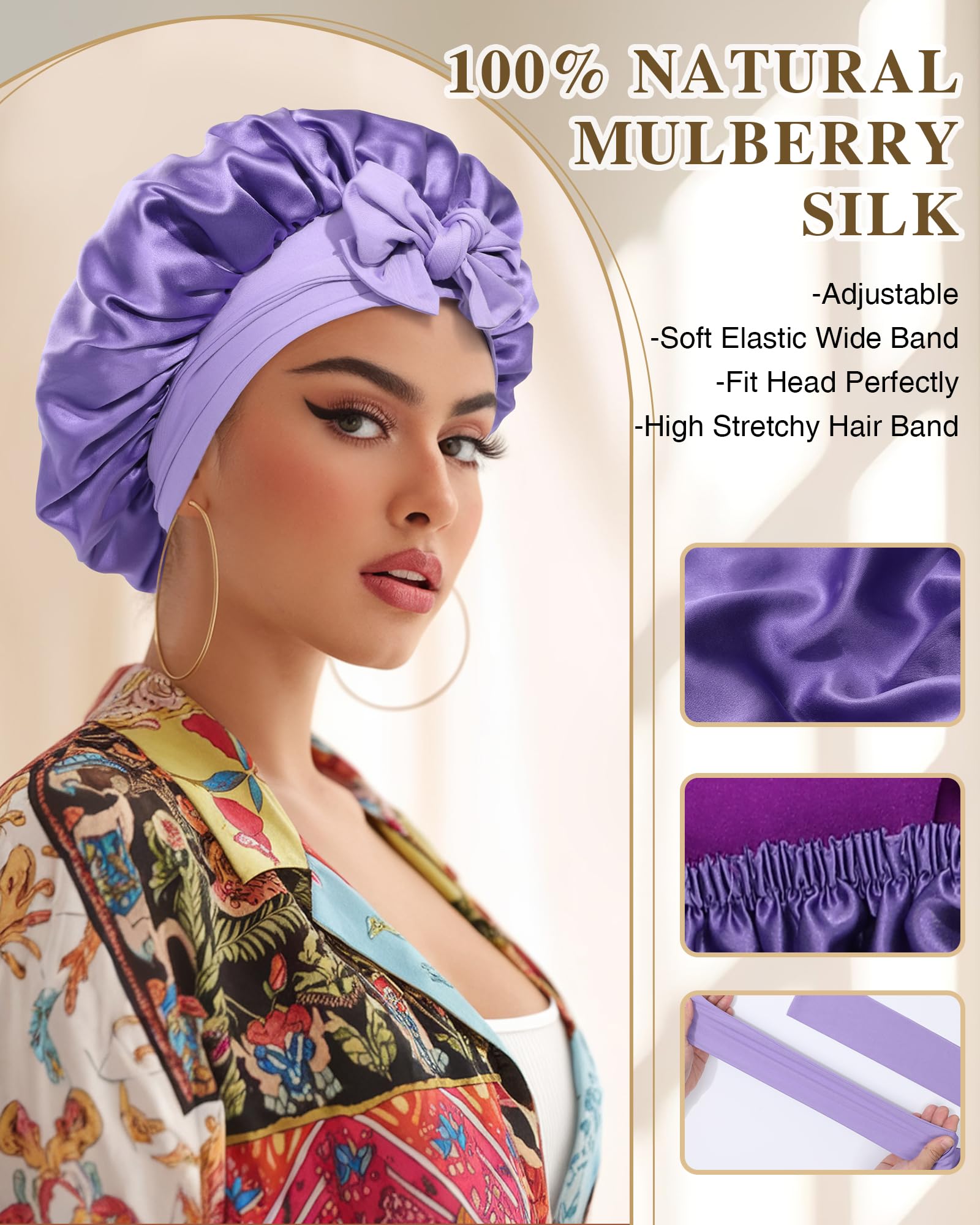 CHLINS Silk Bonnet for Sleeping – 100% Mulberry Silk, Double Layer Sleep Cap, Adjustable Band, Wisteria & Violet