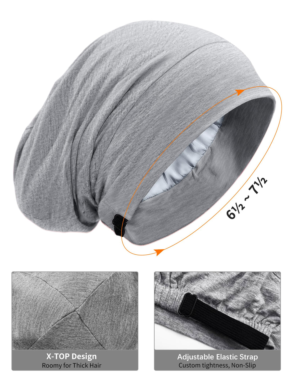 Choshion Satin-Lined Bonnet for Sleeping – Adjustable Sleep Cap (Black/Gray)