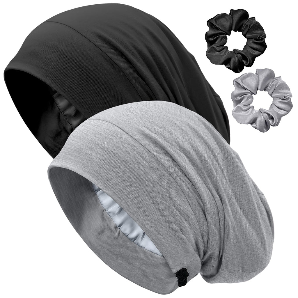 Choshion Satin-Lined Bonnet for Sleeping – Adjustable Sleep Cap (Black/Gray)