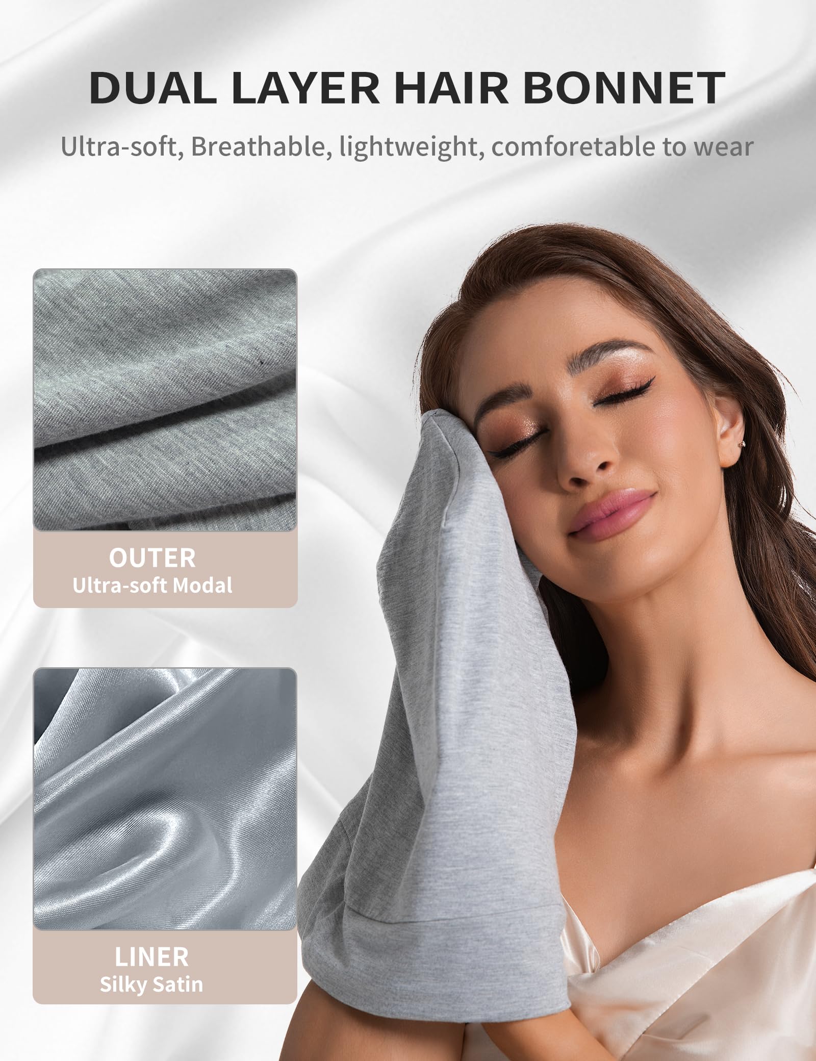 Choshion Satin-Lined Bonnet for Sleeping – Adjustable Sleep Cap (Black/Gray)