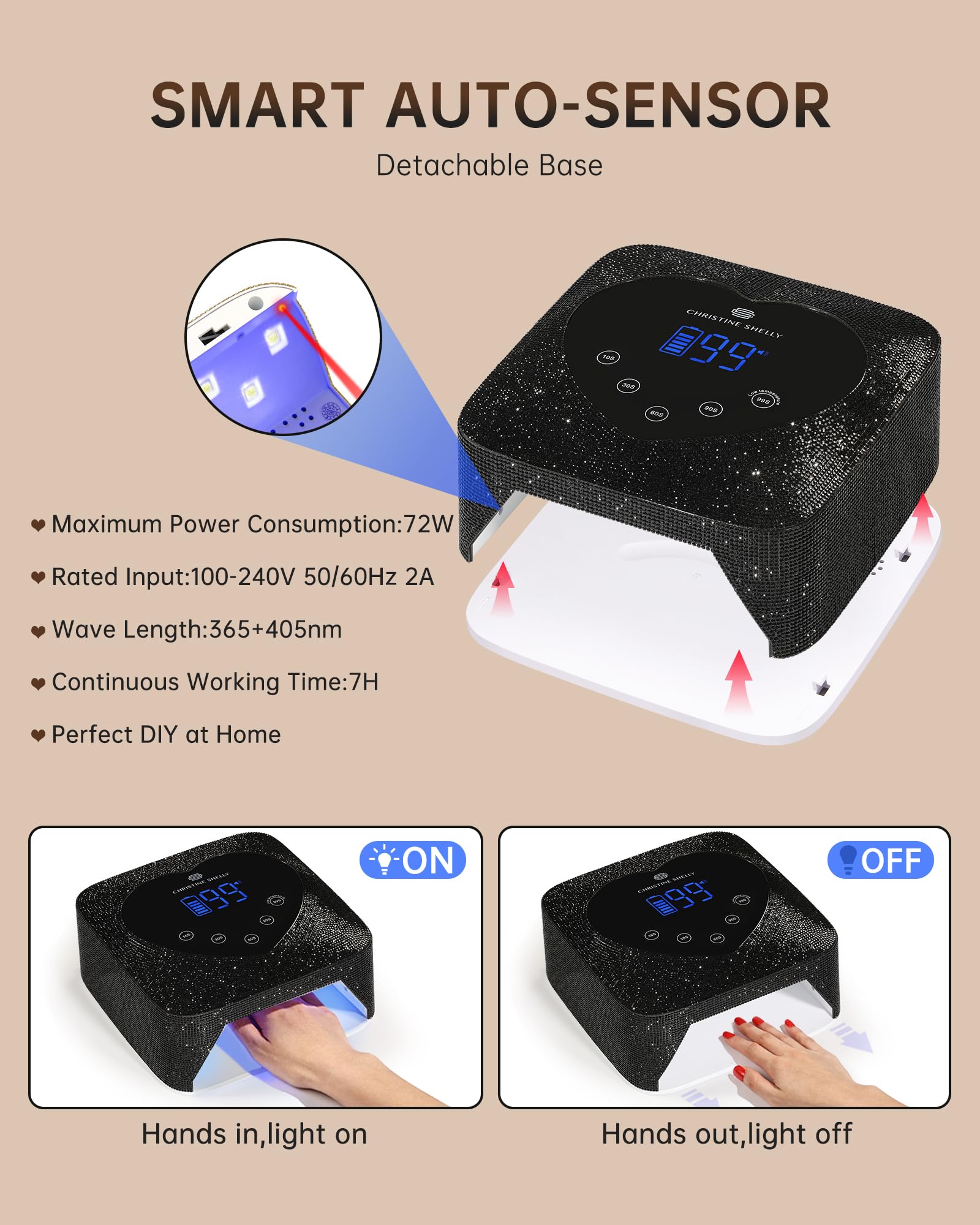 CHRISTINE SHELLY 72W UV LED Nail Lamp – Rechargeable, Cordless, 5-Timer Display, Sparkly Gel Cure Lamp