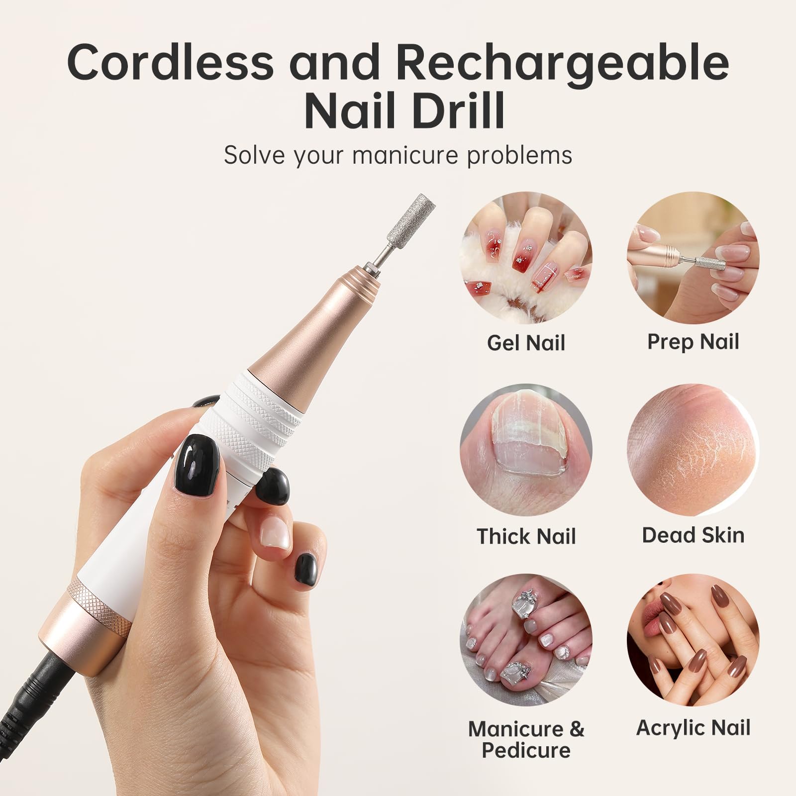 CHRISTINE SHELLY Electric Nail Drill 40000RPM – Cordless Nail File Kit with 12 Bits for Acrylic & Gel Polish (Pink Diamond)