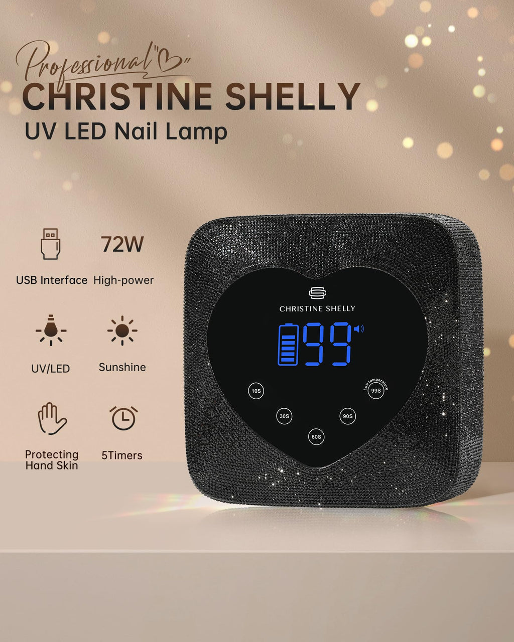 CHRISTINE SHELLY 72W UV LED Nail Lamp – Rechargeable, Cordless, 5-Timer Display, Sparkly Gel Cure Lamp
