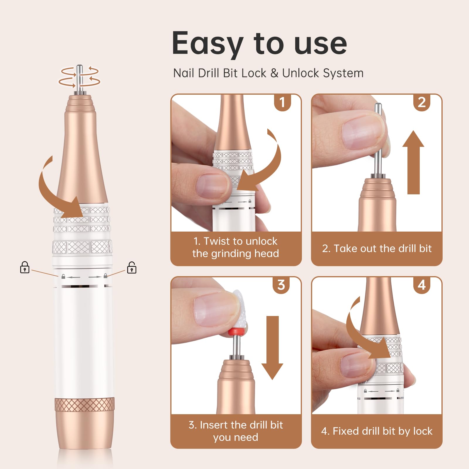 CHRISTINE SHELLY Electric Nail Drill 40000RPM – Cordless Nail File Kit with 12 Bits for Acrylic & Gel Polish (Pink Diamond)