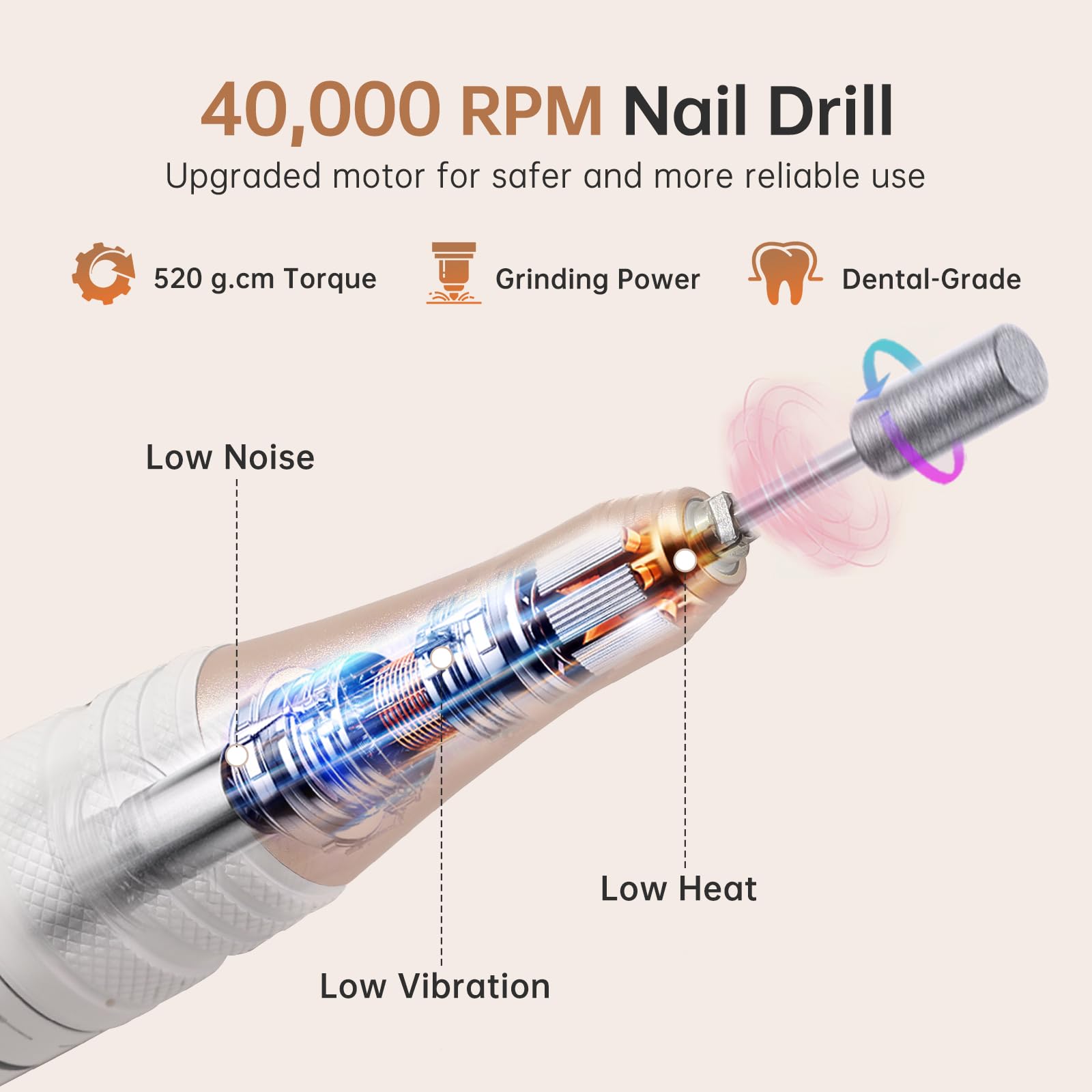 CHRISTINE SHELLY Electric Nail Drill 40000RPM – Cordless Nail File Kit with 12 Bits for Acrylic & Gel Polish (Pink Diamond)
