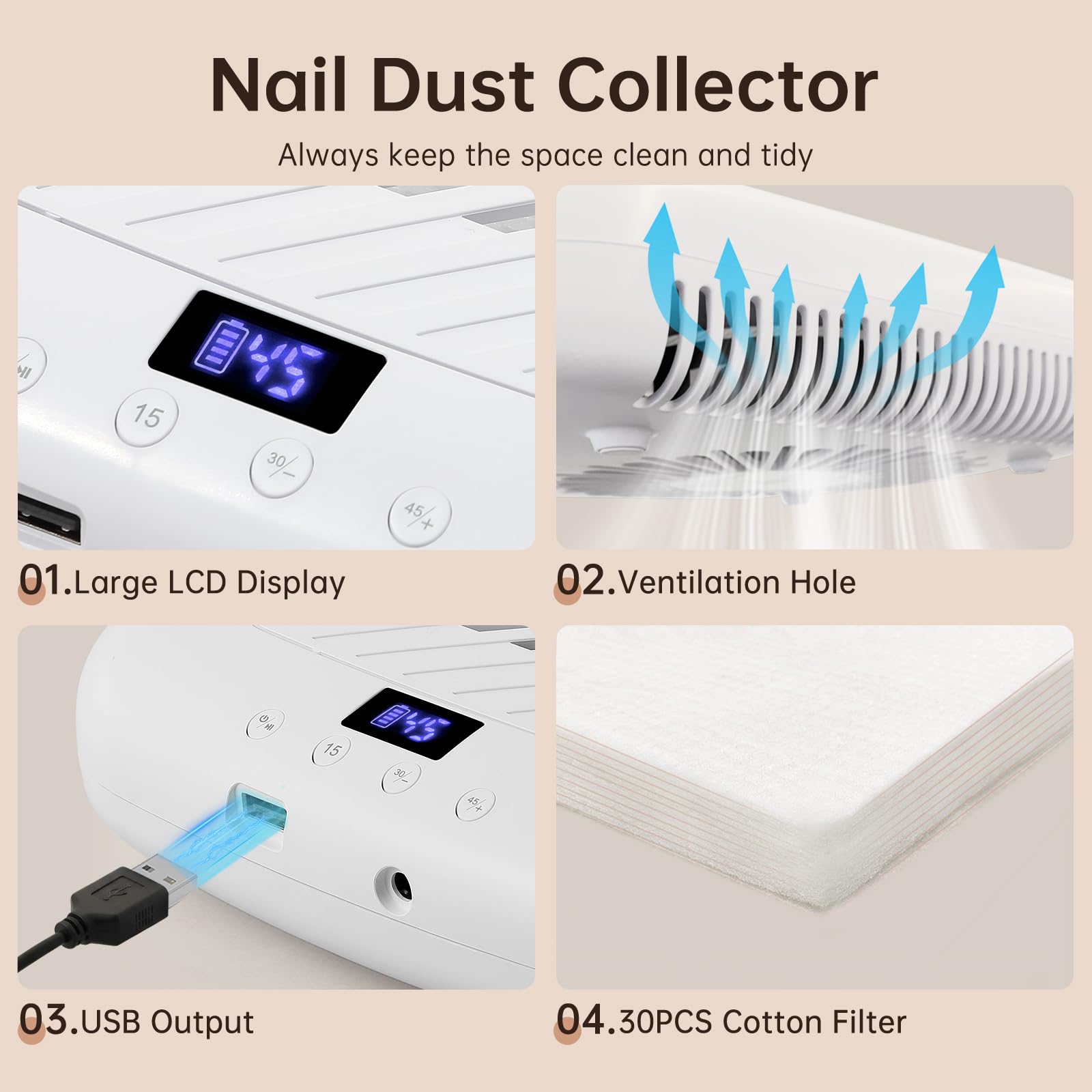 CHRISTINE SHELLY Nail Dust Collector – Cordless Rechargeable 4500RPM Vacuum, 7200mAh Battery, Low Noise