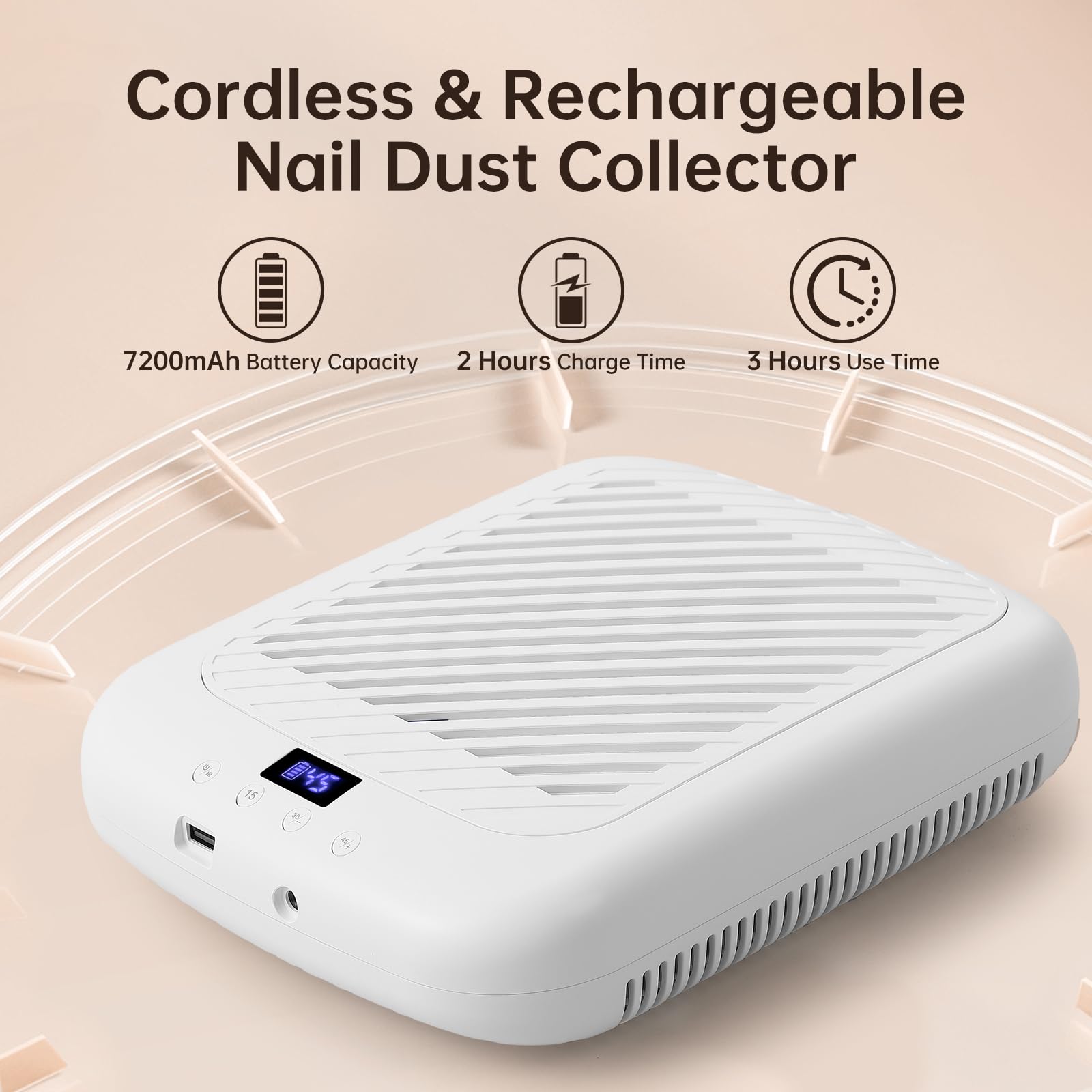 CHRISTINE SHELLY Nail Dust Collector – Cordless Rechargeable 4500RPM Vacuum, 7200mAh Battery, Low Noise