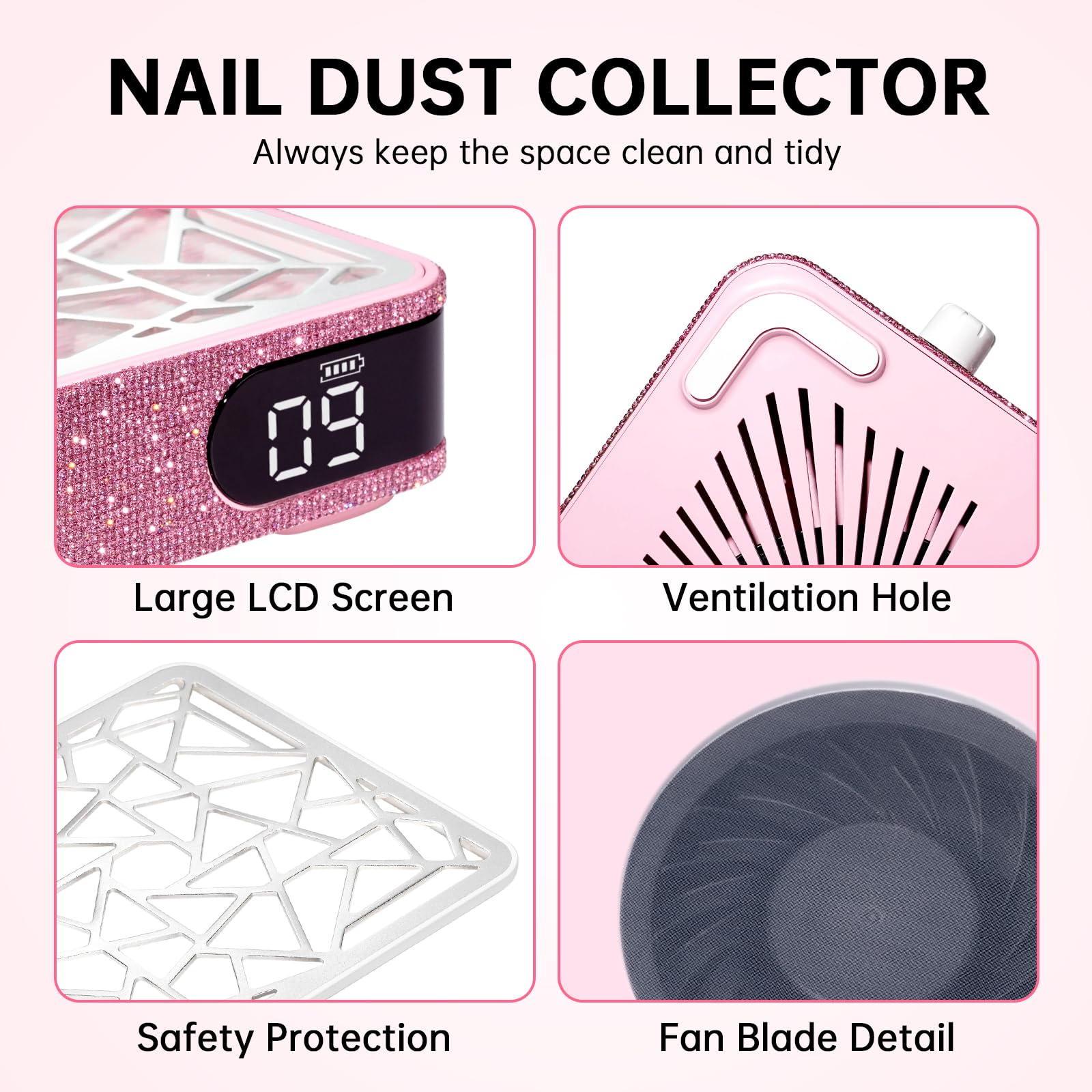 CHRISTINE SHELLY Nail Dust Collector – Cordless Vacuum for Acrylic Nails | Pink Diamond