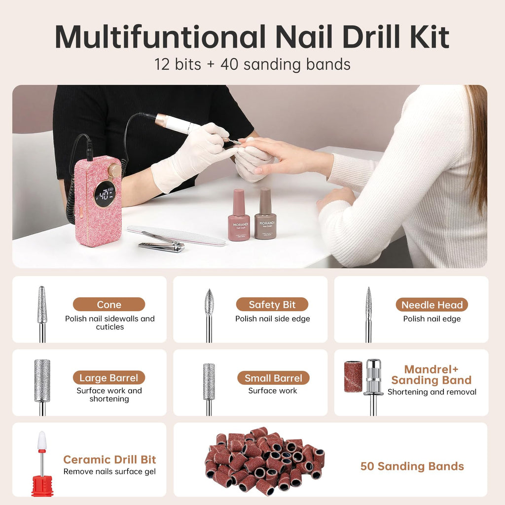 CHRISTINE SHELLY Electric Nail Drill 40000RPM – Cordless Nail File Kit with 12 Bits for Acrylic & Gel Polish (Pink Diamond)
