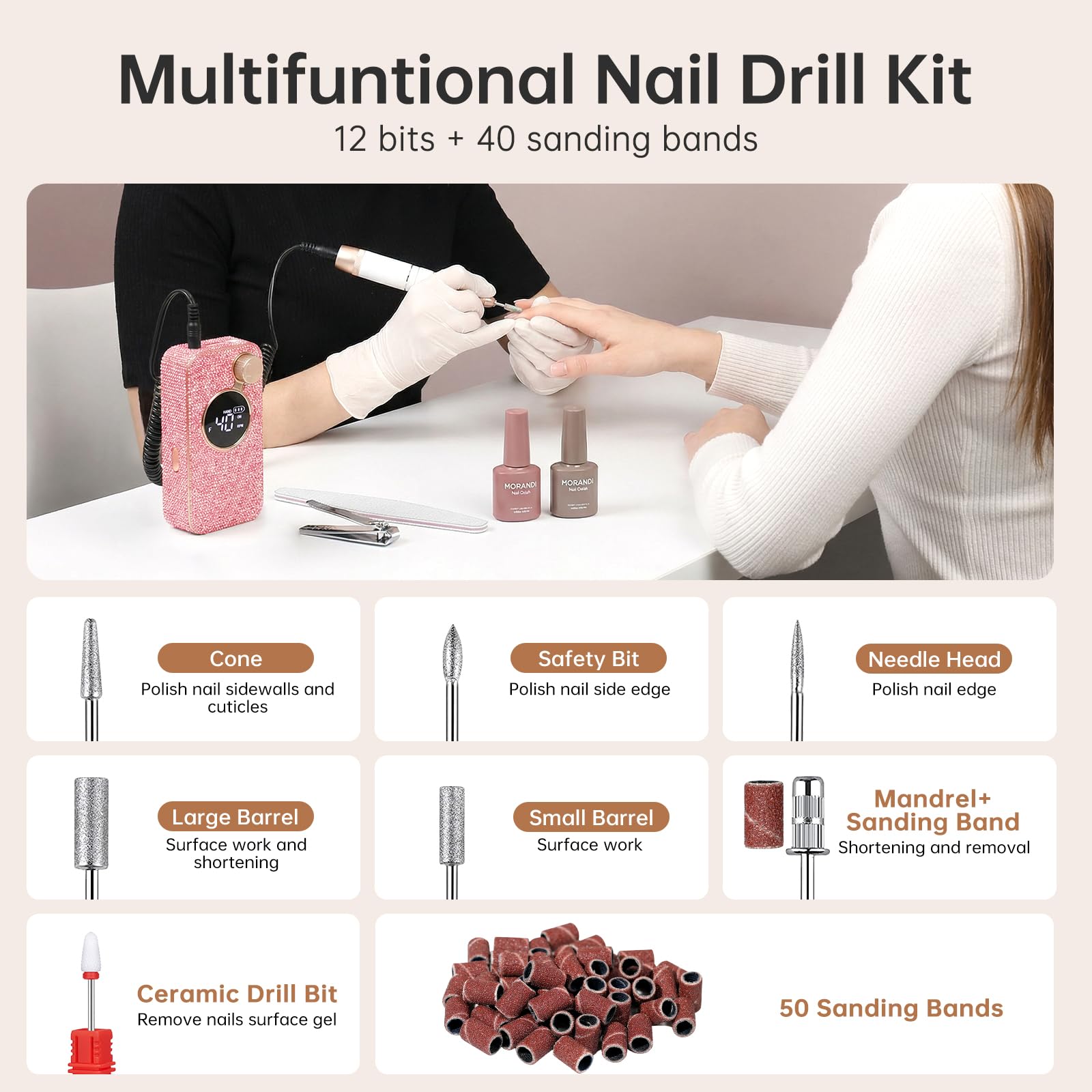 CHRISTINE SHELLY Electric Nail Drill 40000RPM – Cordless Nail File Kit with 12 Bits for Acrylic & Gel Polish (Pink Diamond)