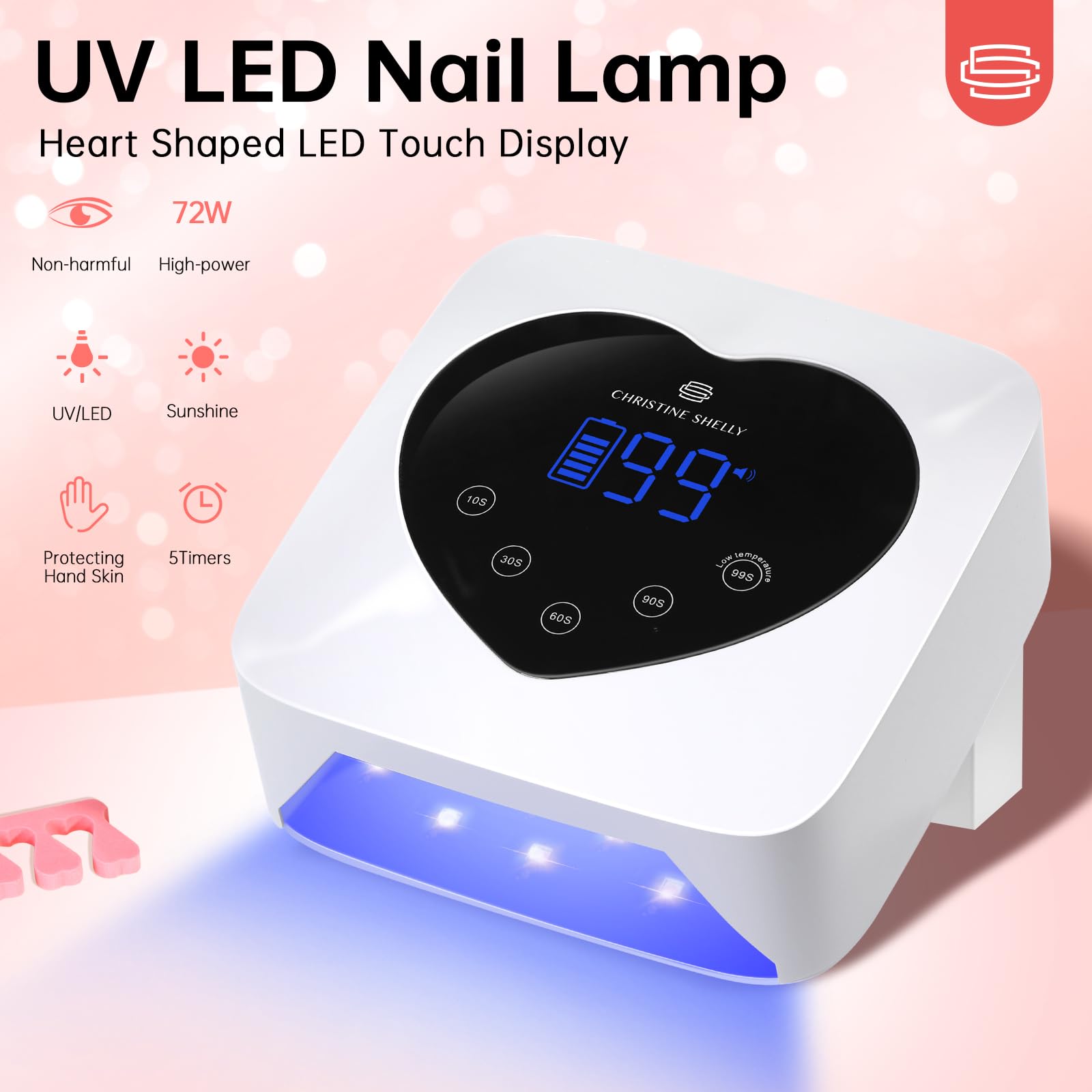 CHRISTINE SHELLY 72W UV Nail Lamp – Cordless Gel Polish Dryer with 5 Timers, Auto Sensor, Display, White